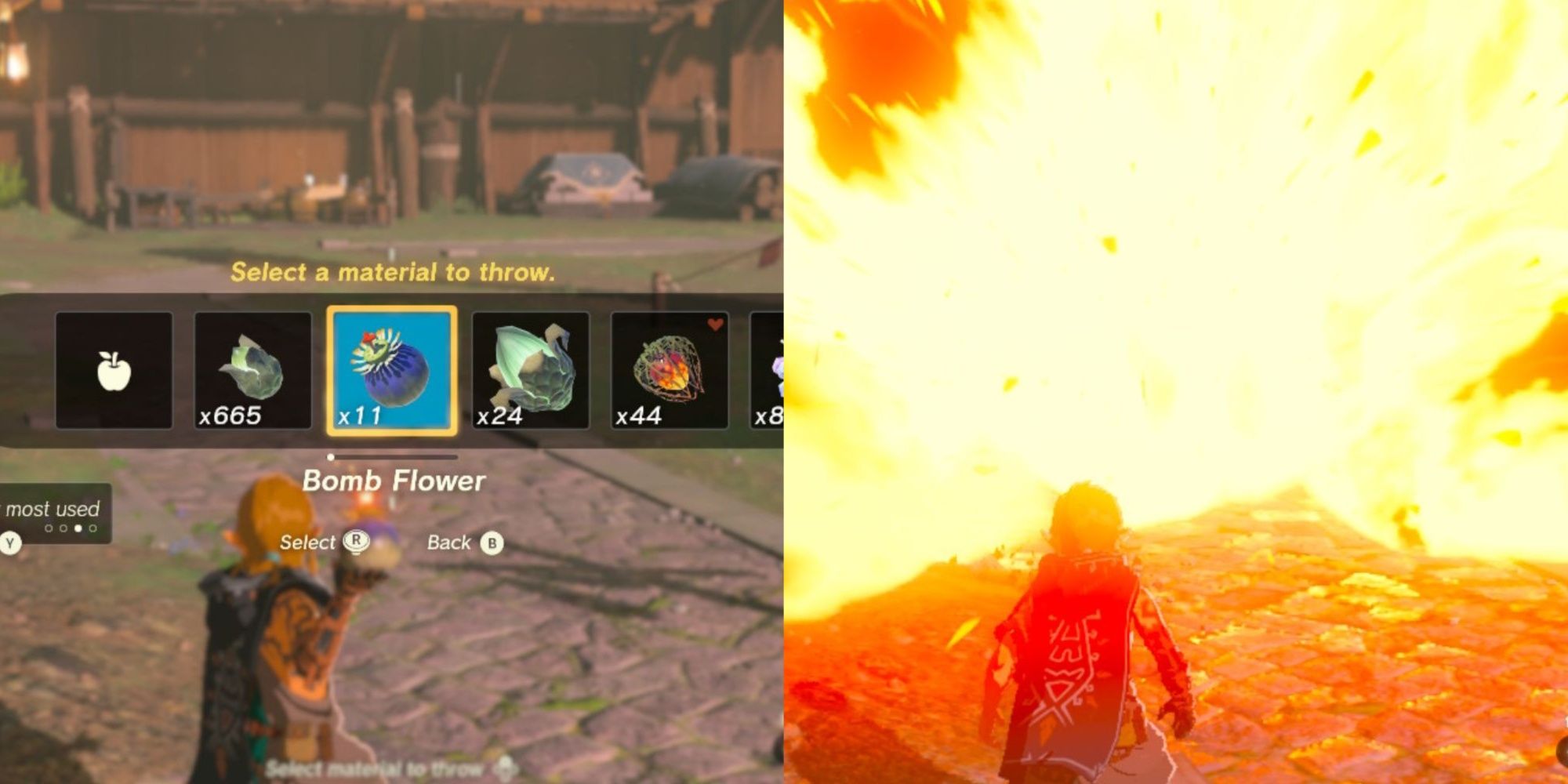 A split image of the item menu and the link that throws the bomb