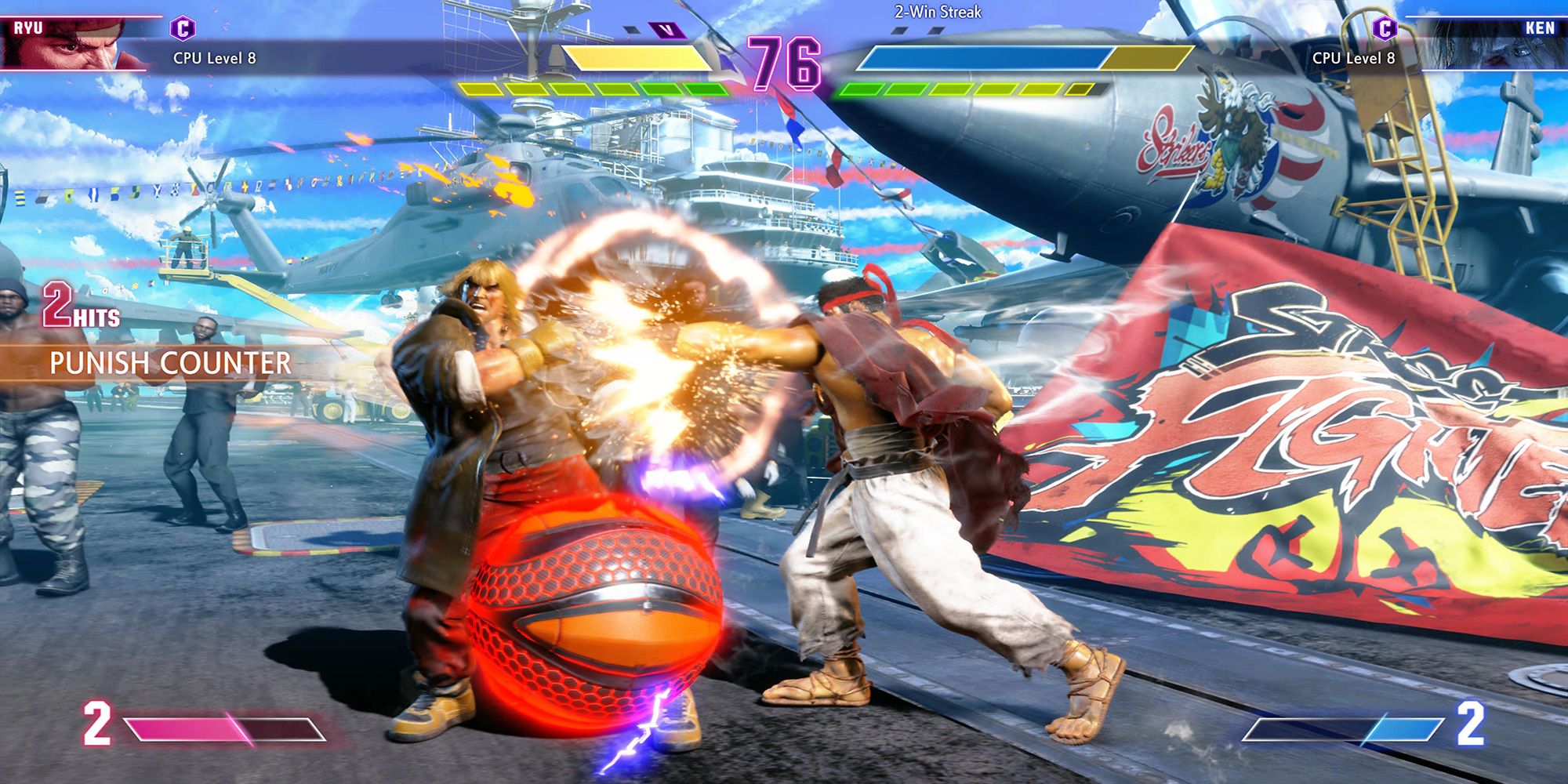 Ryu punches Ken in the face, while a bomb between gets ready to explode, during an Extreme Battle at Carrier Byron Taylor in Street Fighter 6.