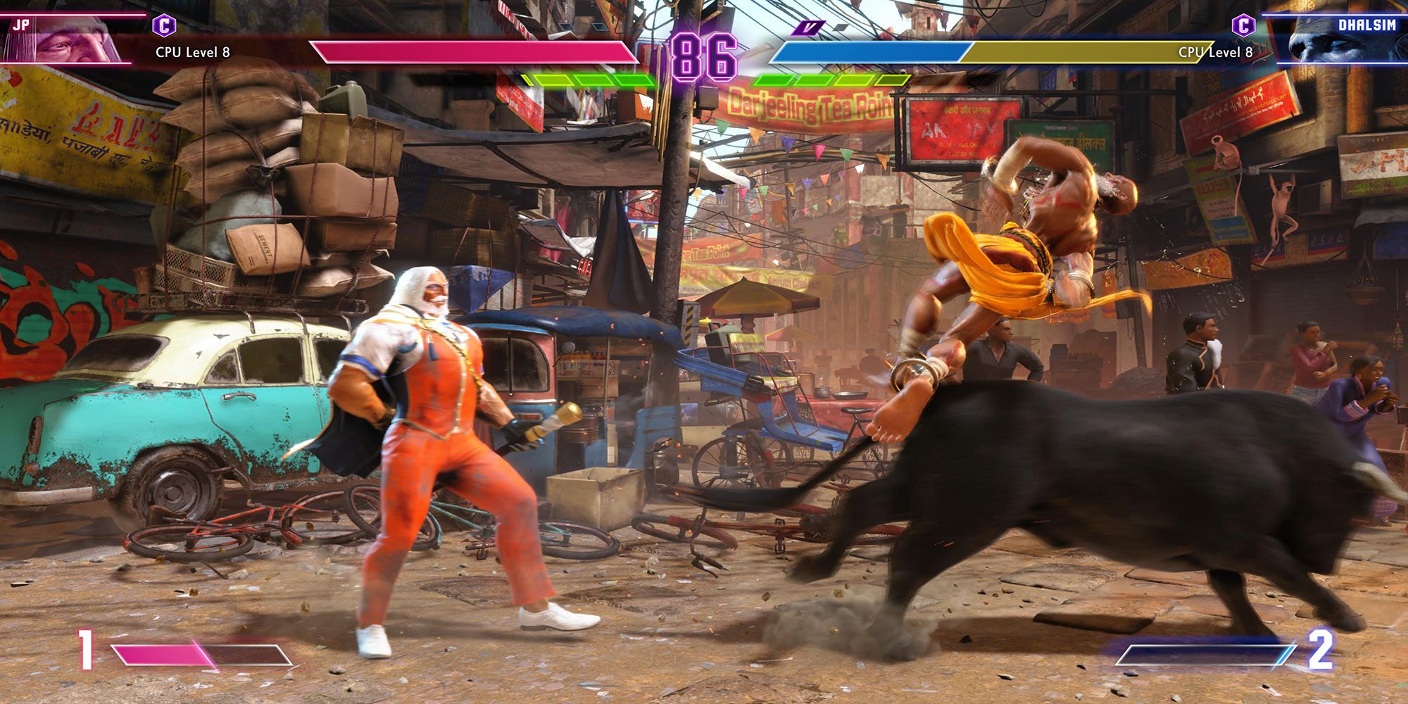 Dhalsim gets launched into the air by a bull, while JP stands unfazed, during an Extreme Battle at Old Town Market in Street Fighter 6.