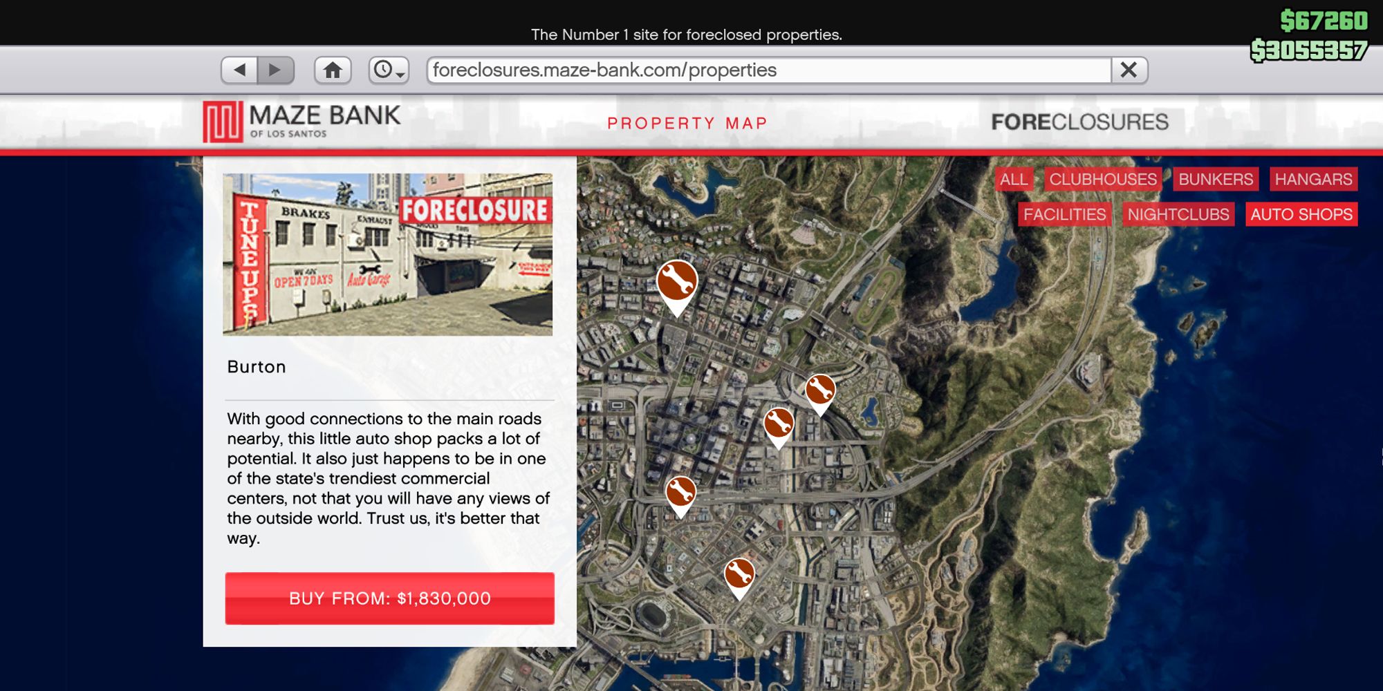 Image depicts a screenshot taken from Maze Bank Foreclosures in Grand Theft Auto Online, showing the location and price of the Burton Auto Shop. On the left is a white box showing what the location looks like, with the text 'Buy From $1,830,000' in a red box underneath.