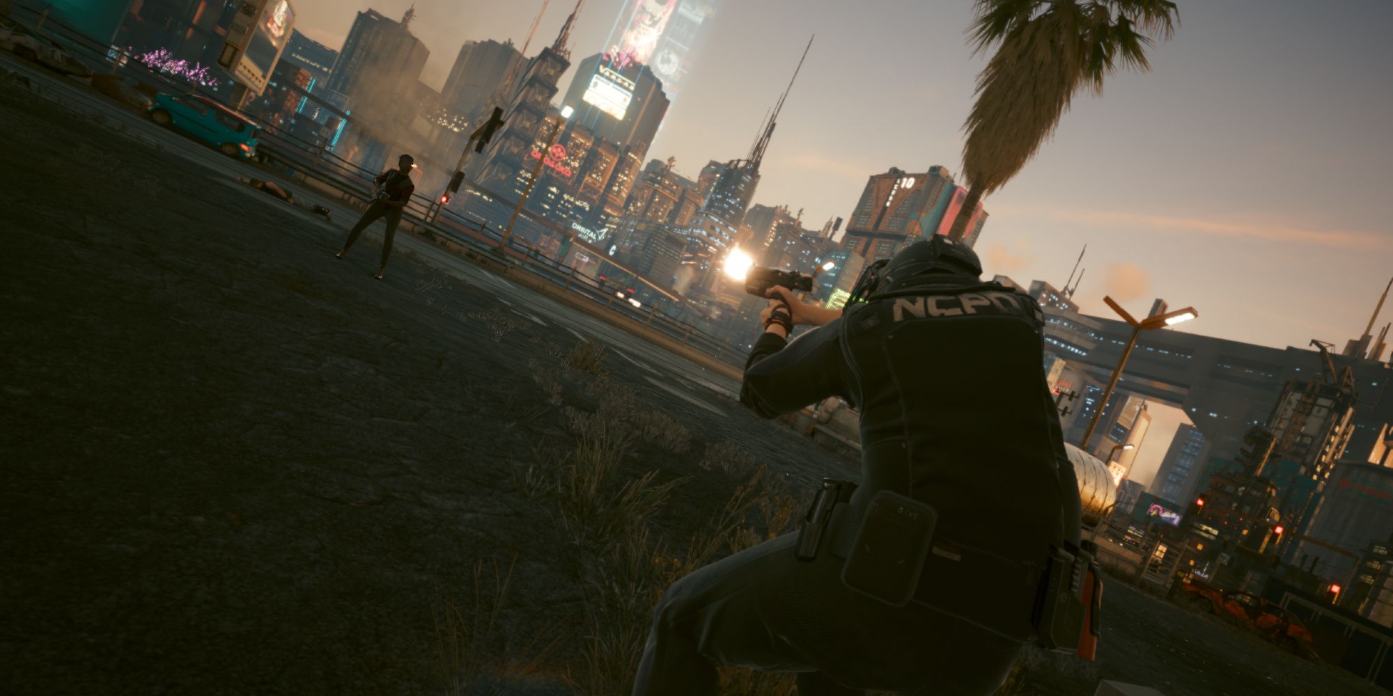 V confronting a Night City Police officer in Cyberpunk 2077.