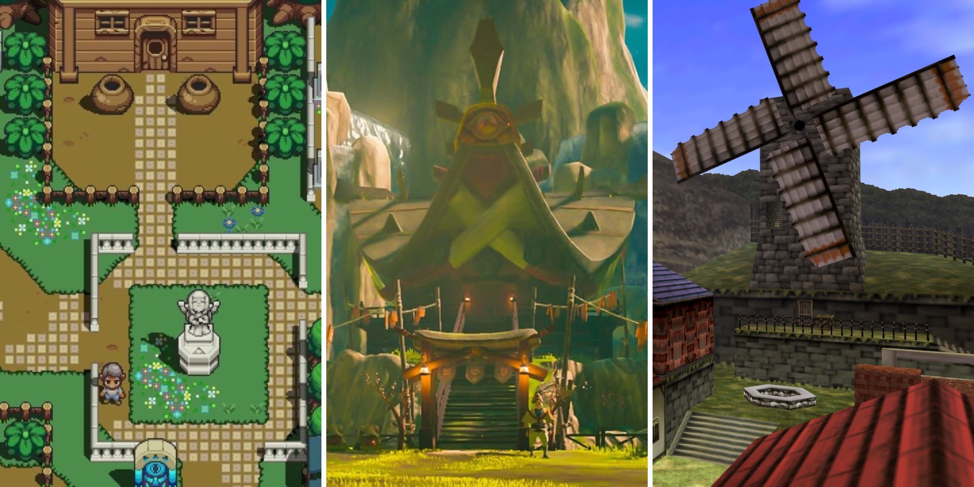 Cadence of Hyrule's Kakariko Village, Impa's House from Breath of the Wild, A giant windmill stands beside a well