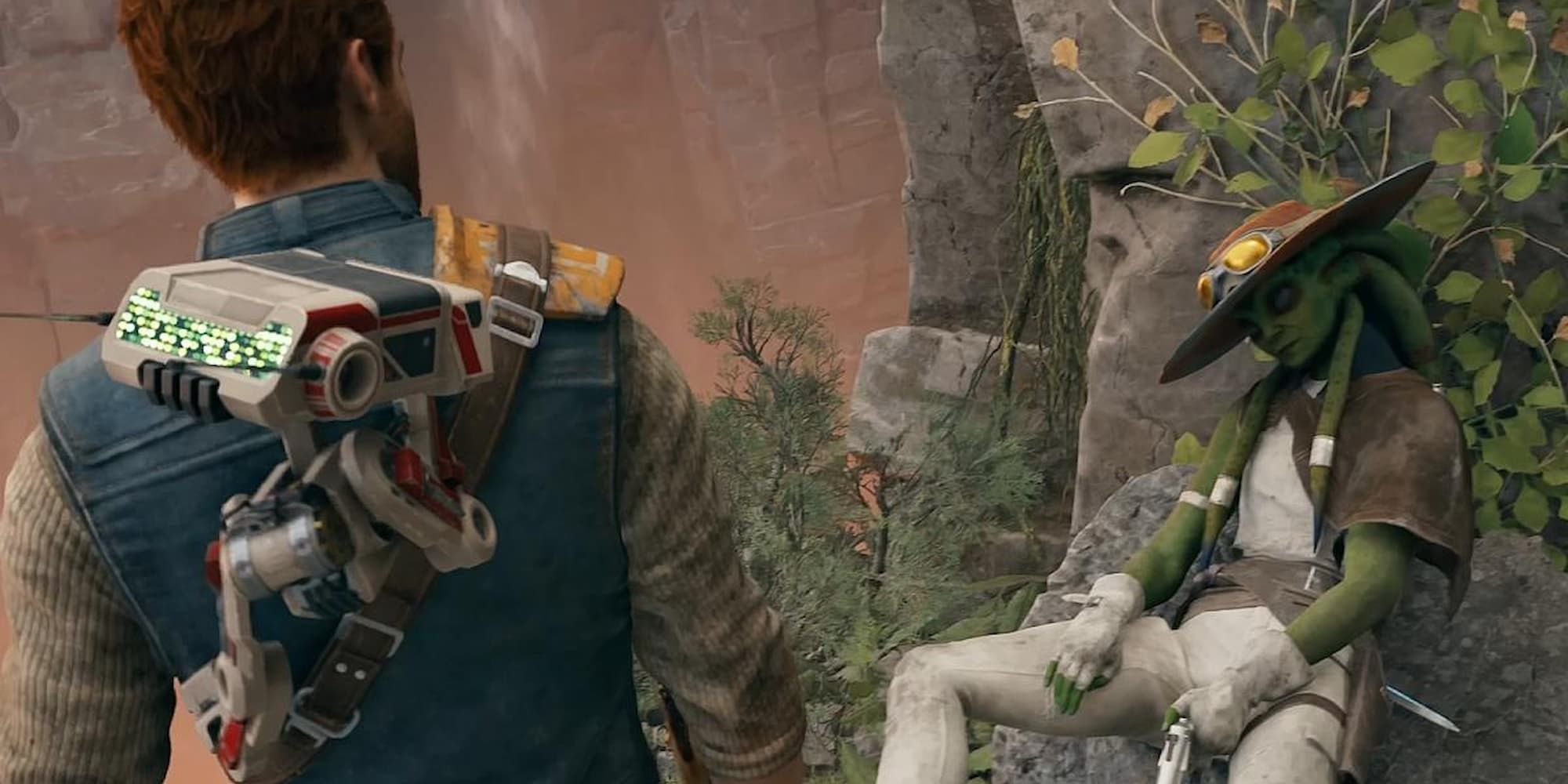 In Star Wars Jedi: Survivor, Cal Kestis talks to Kaiji Vanda sitting on a stone.