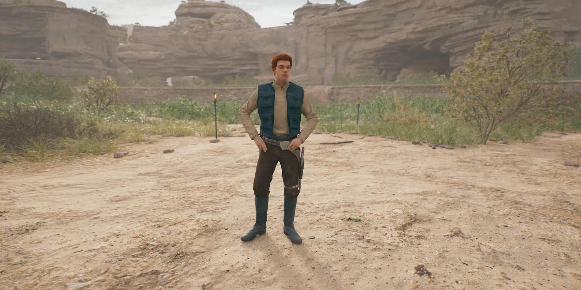 In Star Wars Jedi: Survivor, Cal is dressed like Han Solo and stands with his hands on his hips.