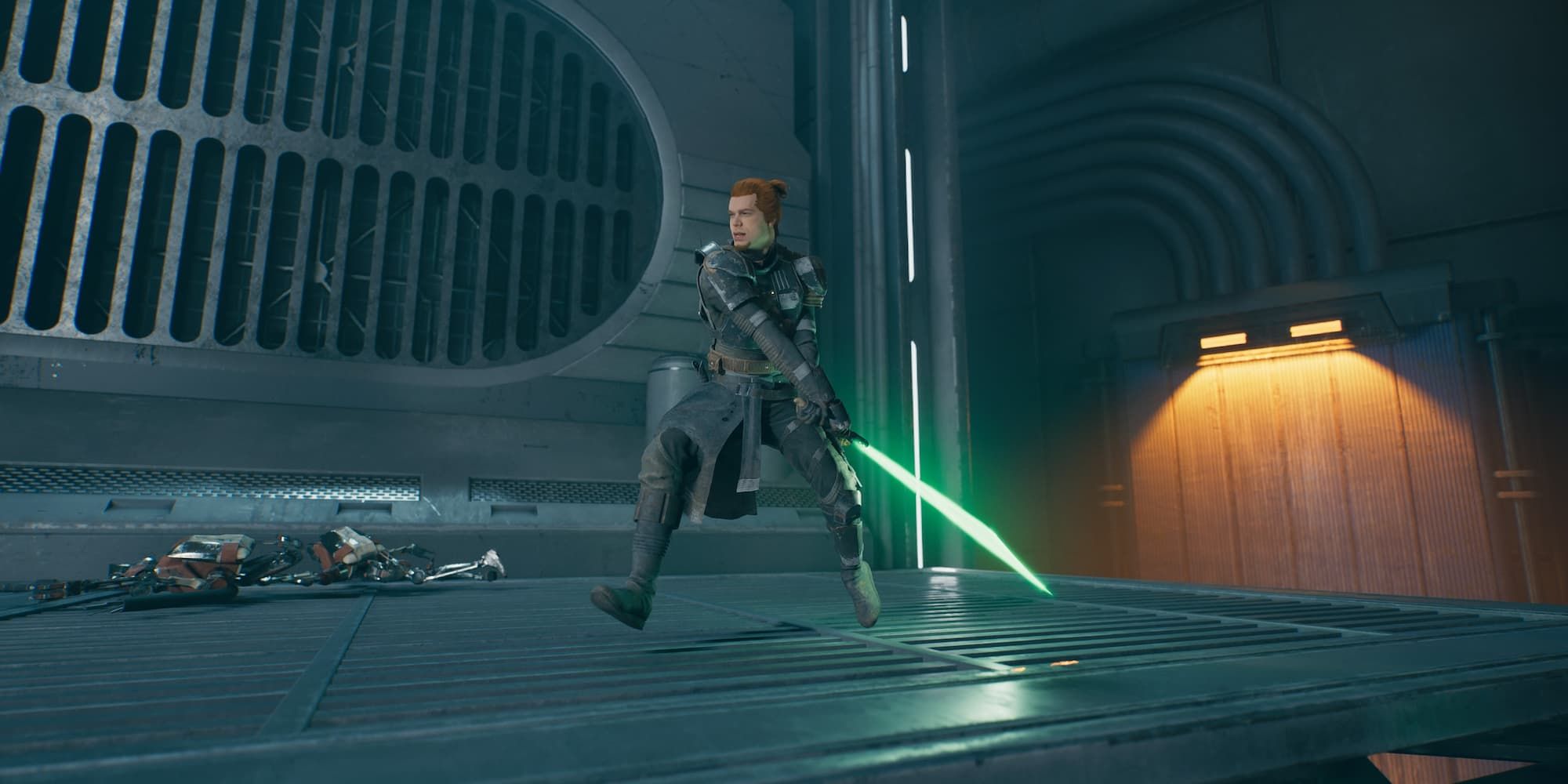 Dressed as Rahm Kota, Cal wields a green lightsaber in Star Wars Jedi: Survivor.