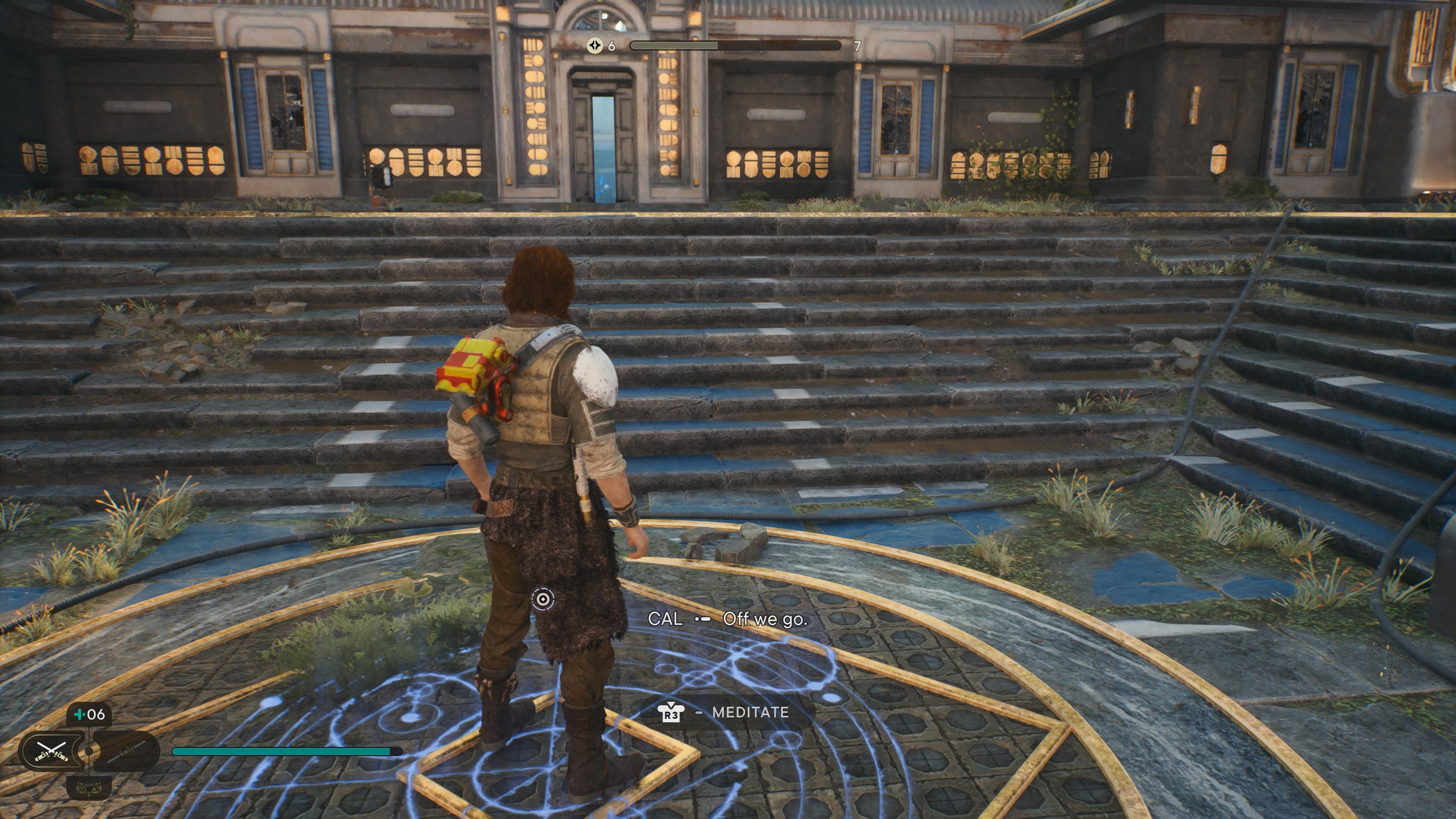 Cal at the Grand Courtyard meditation point in Jedi Survivor