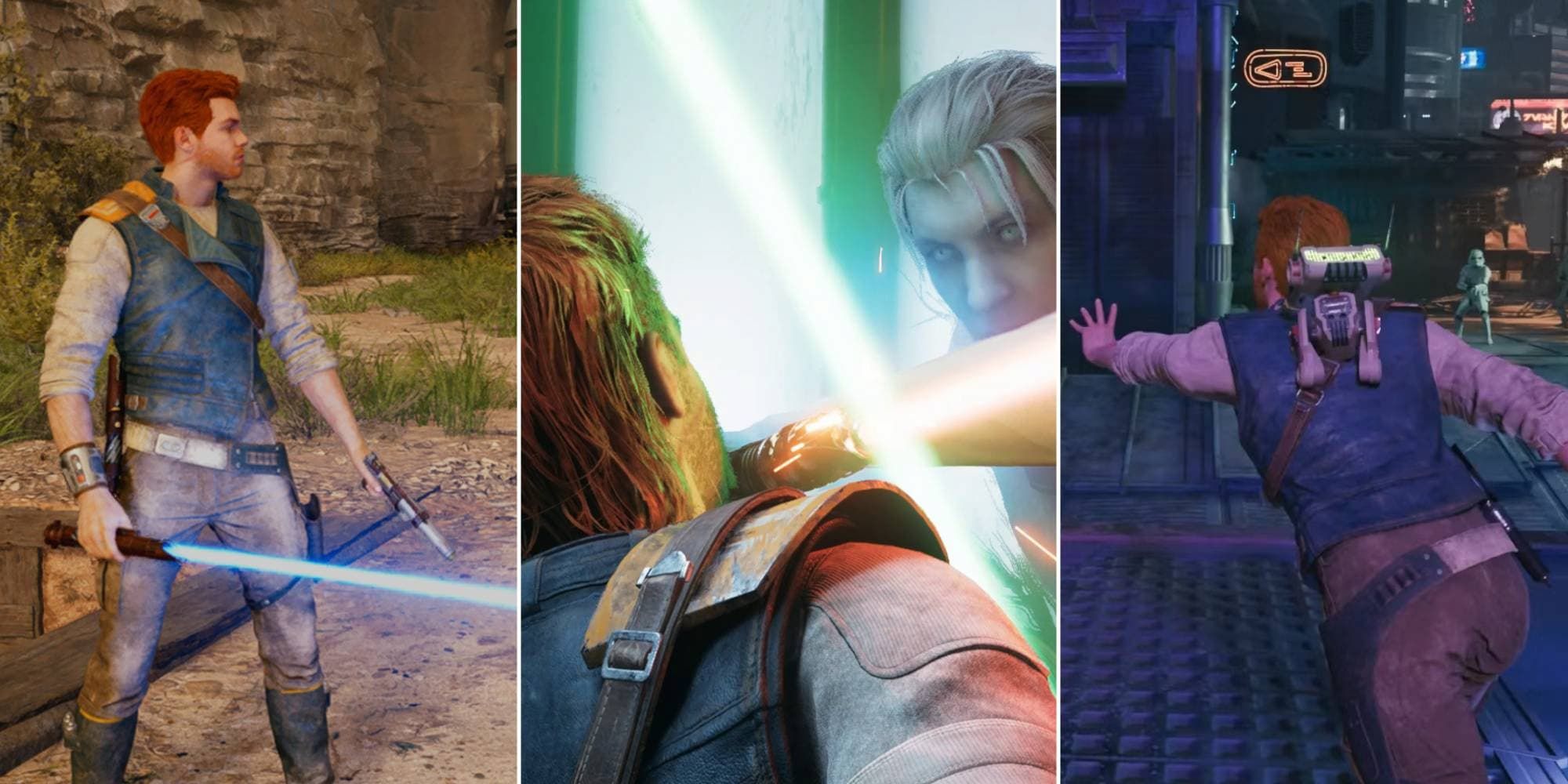 Cal stands in his Blaster stance, he locks lightsabers with Dagan Gera, and he uses Force Push on a Stormtrooper in Star Wars Jedi: Survivor.