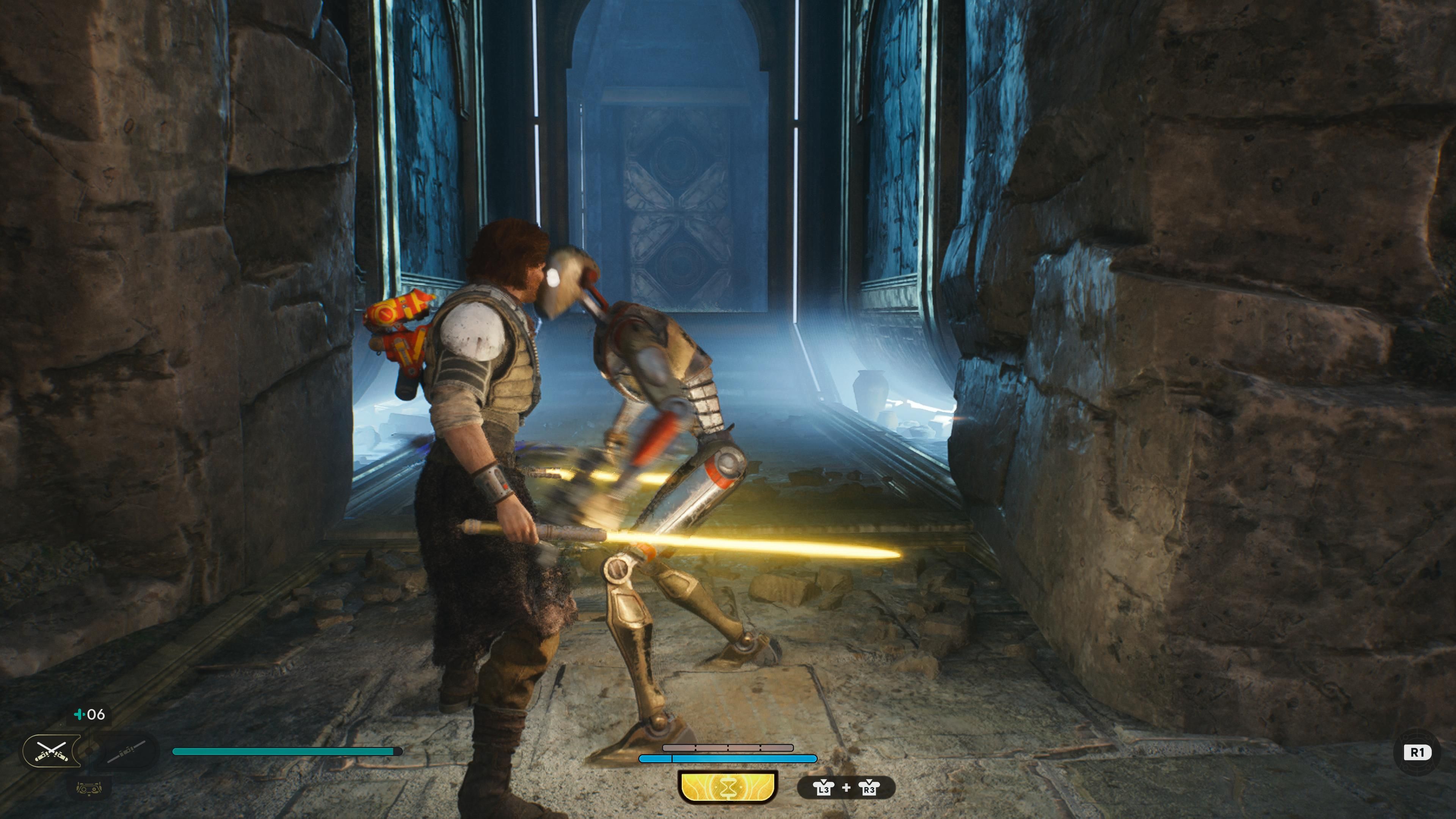 Cal fighting a BX droid in the chamber of Ambidexterity in Jedi Survivor