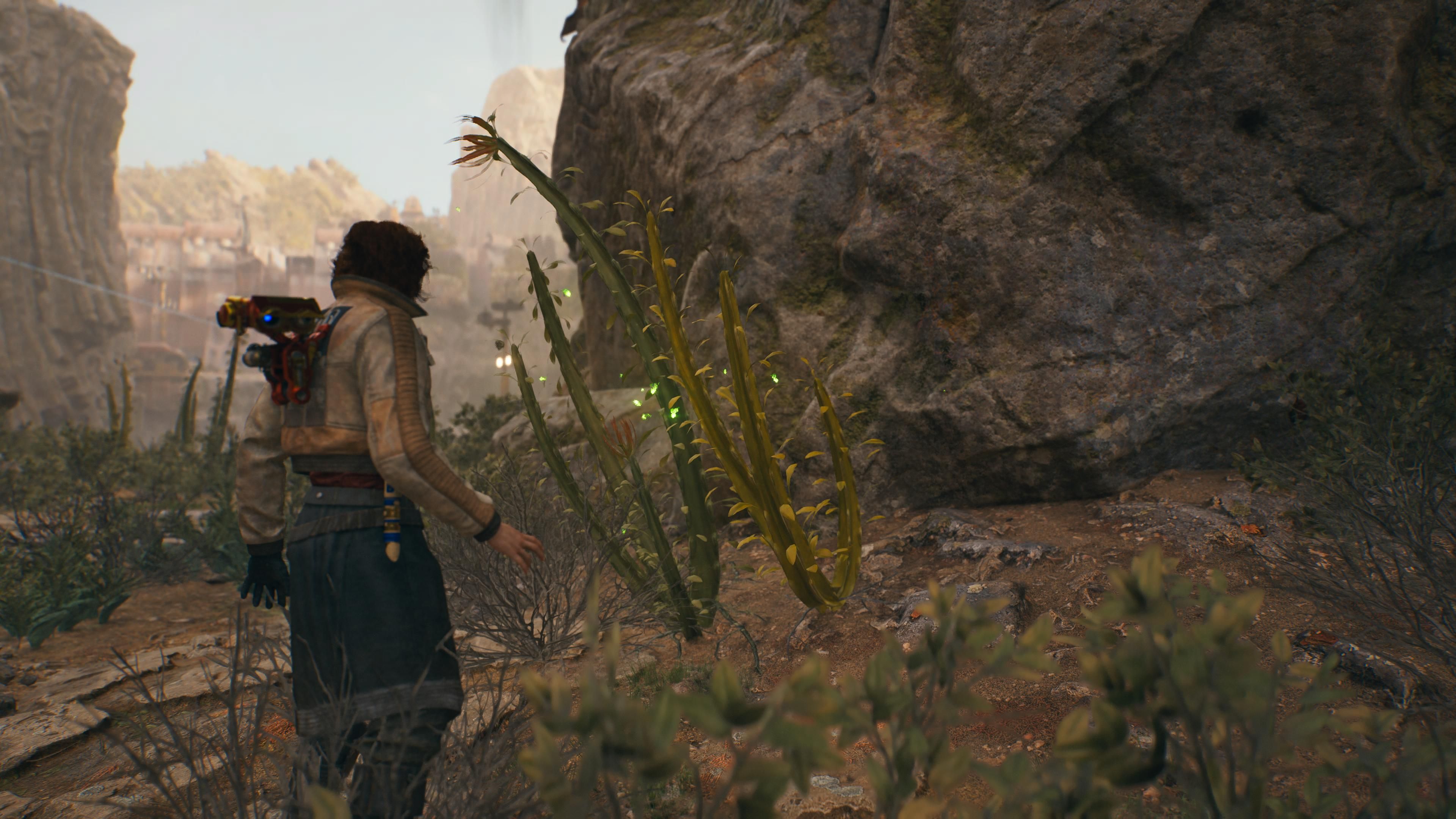 Cal in front of a plant to harvest in the Gorge Crash Site in Jedi Survivor