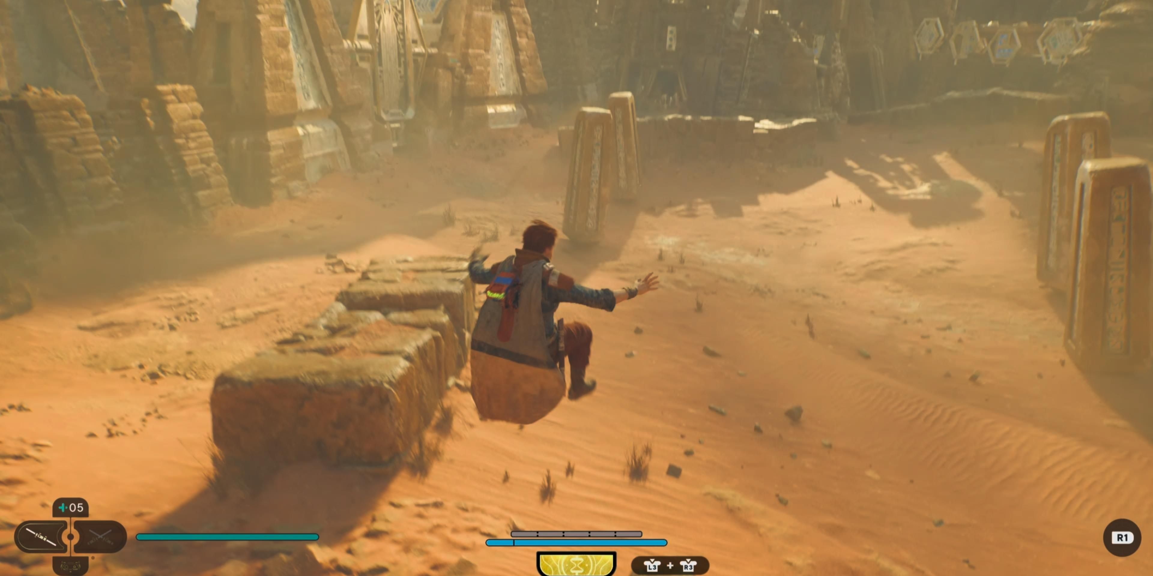 Star Wars Jedi: Survivor Cal jumping to rocks to avoid sand