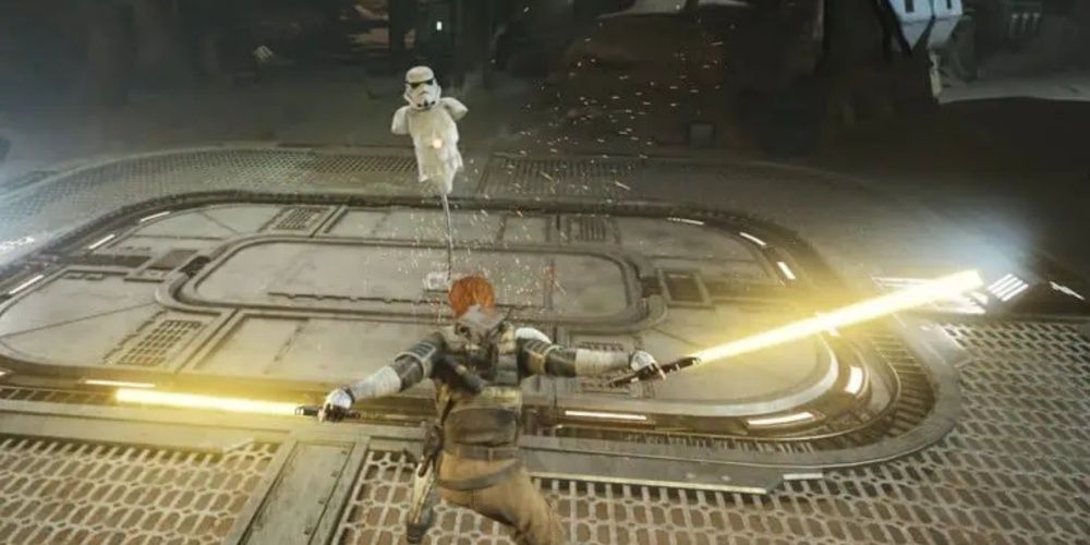 Cal performing the back step slash on a stormtrooper dummy in Jedi Survivor