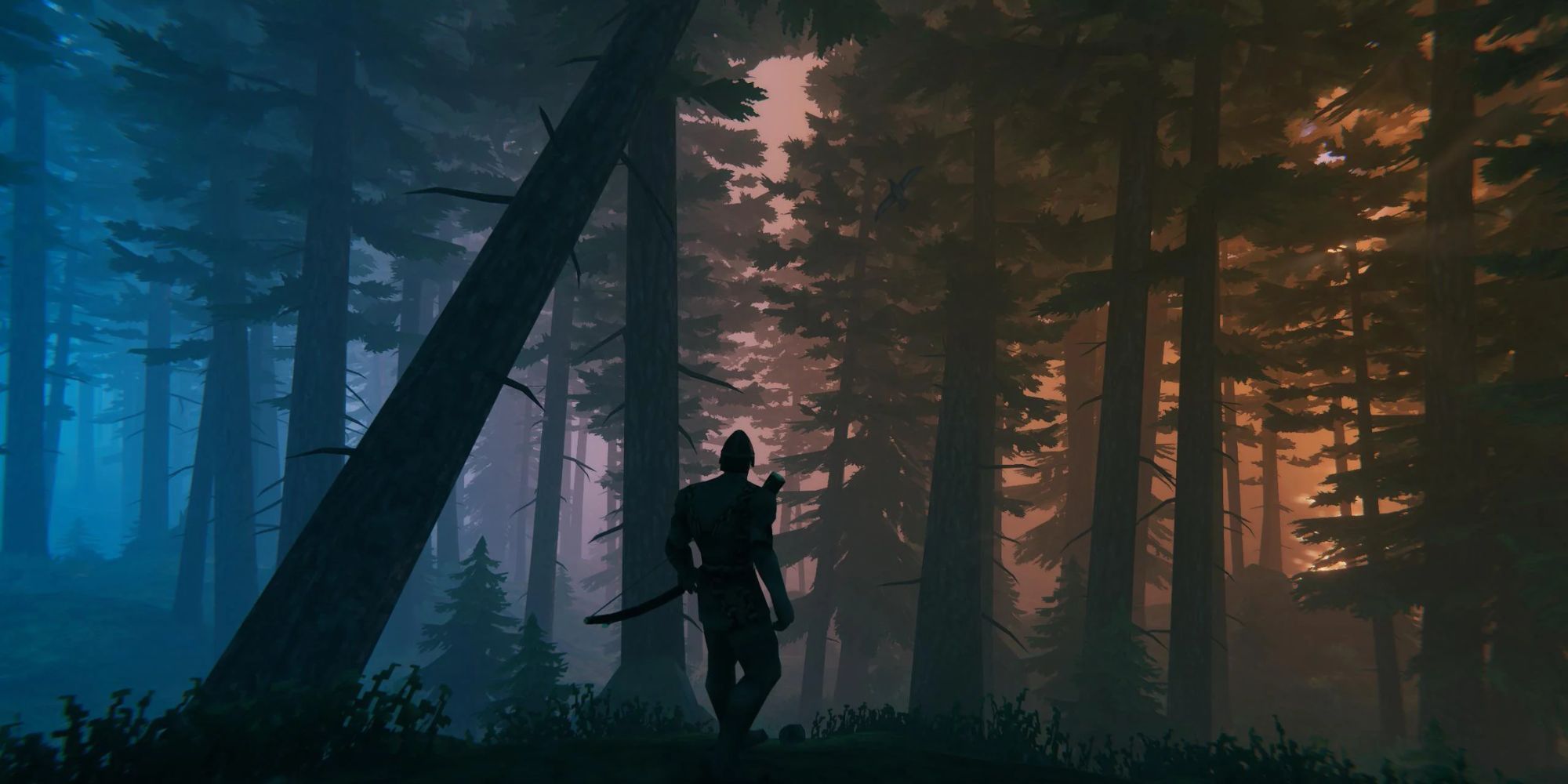 A Viking walking through a forest in Valheim.