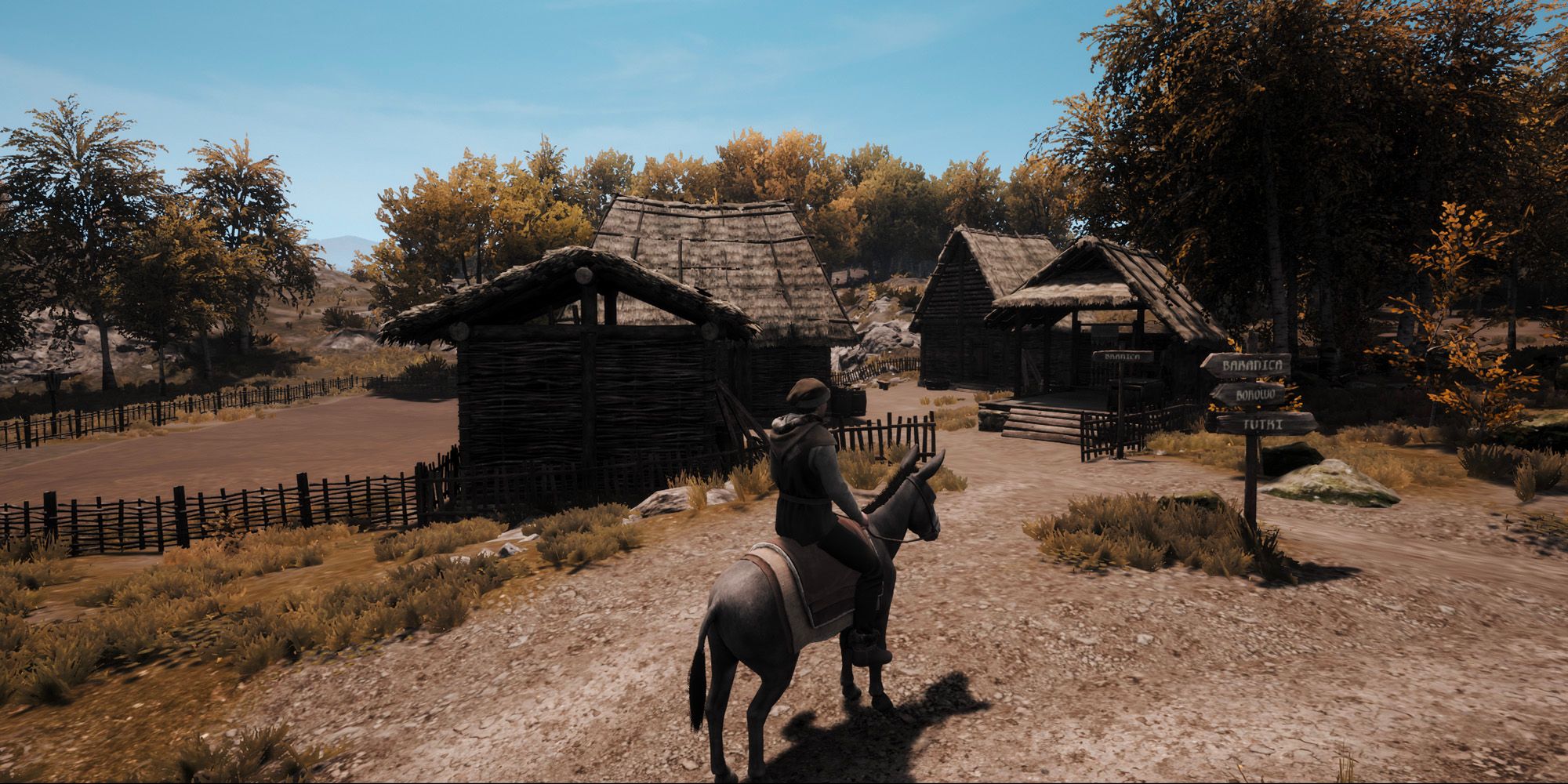 A character riding a donkey in behli's reshade mod for medieval dynasties