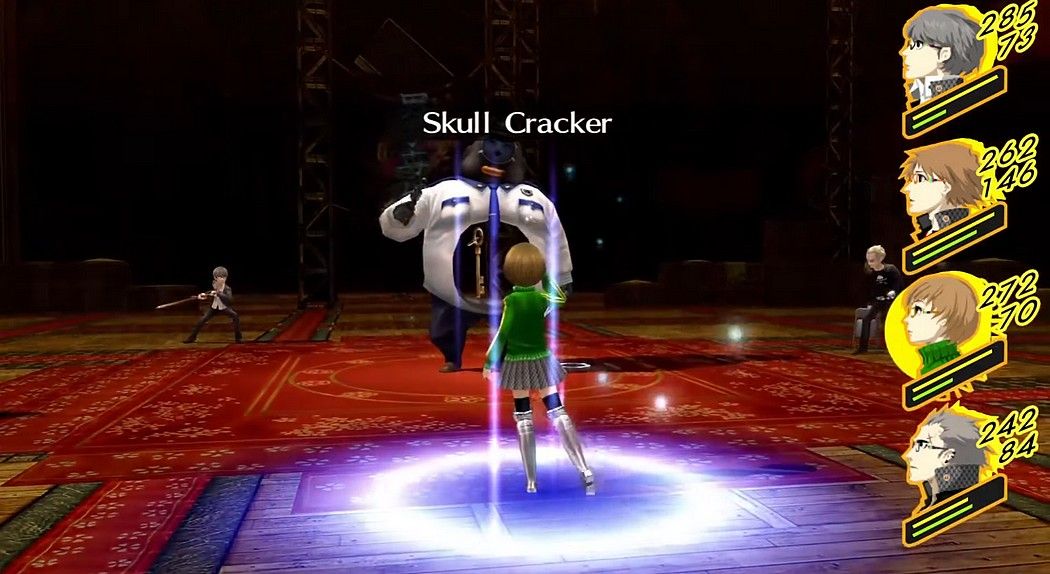 chie using skull cracker on intolerant officer with yu and kanji in the background in the steamy bathhouse bonus boss fight persona 4 golden