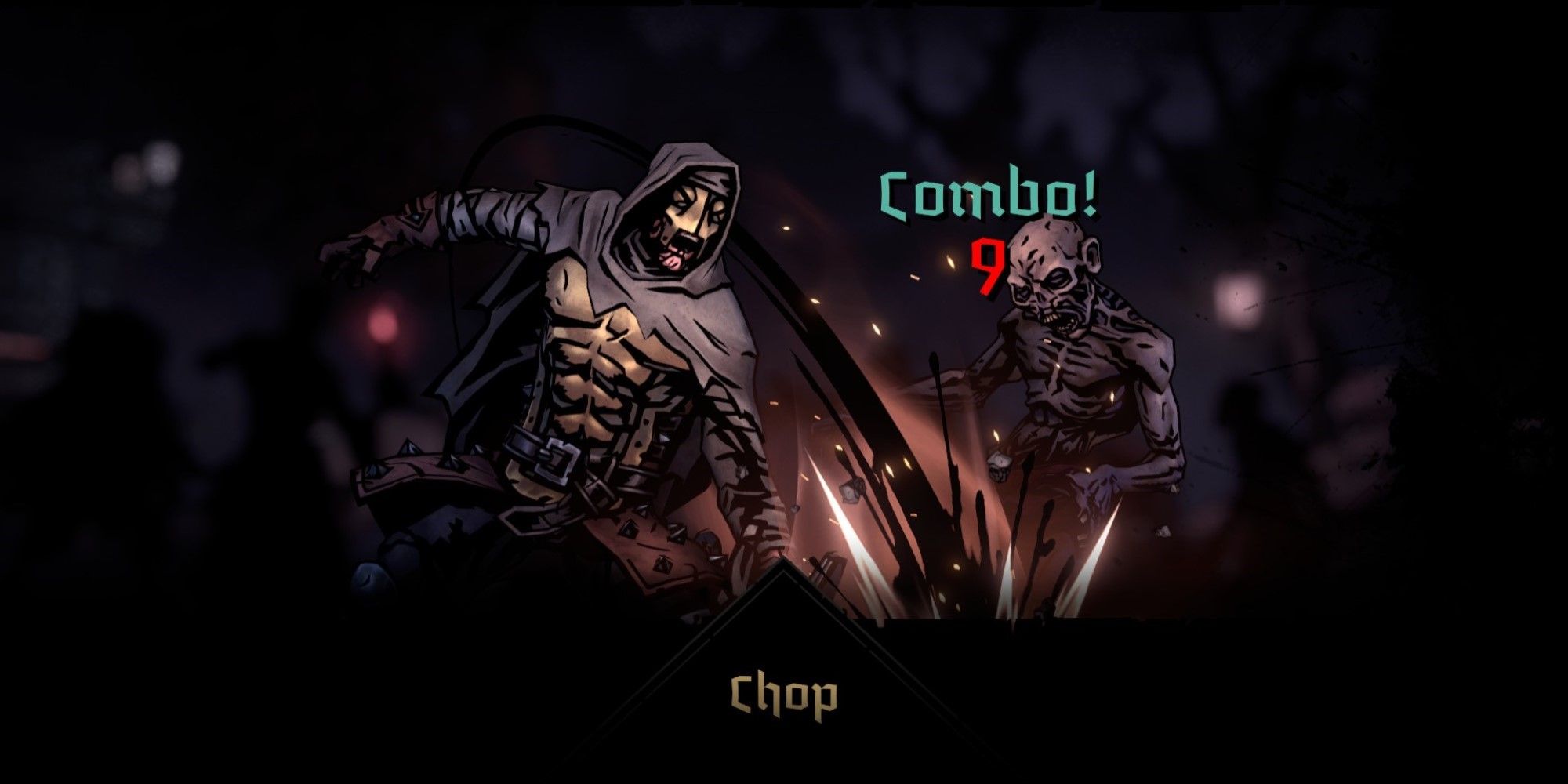 A screenshot of the Chop Skill being used in Darkest Dungeon 2