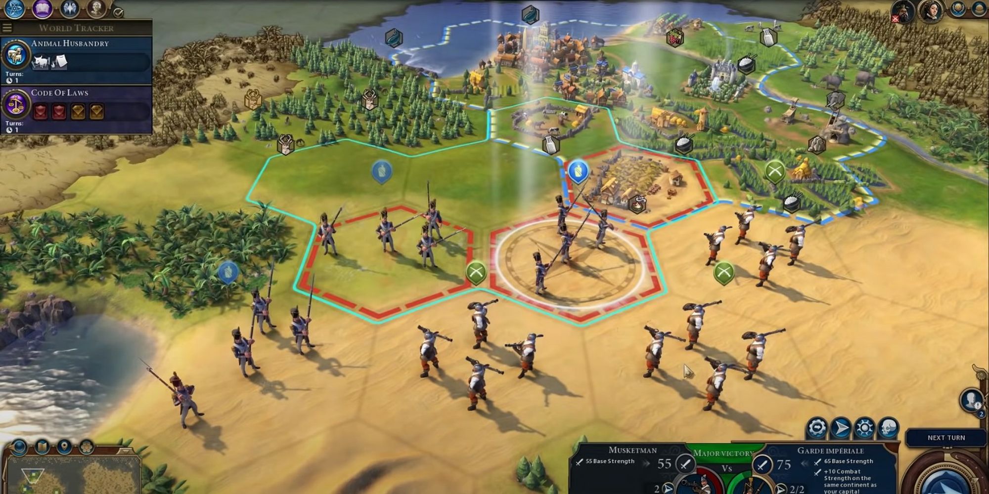 close-up of the map in Civilisation 6, showing soldiers and a nearby town