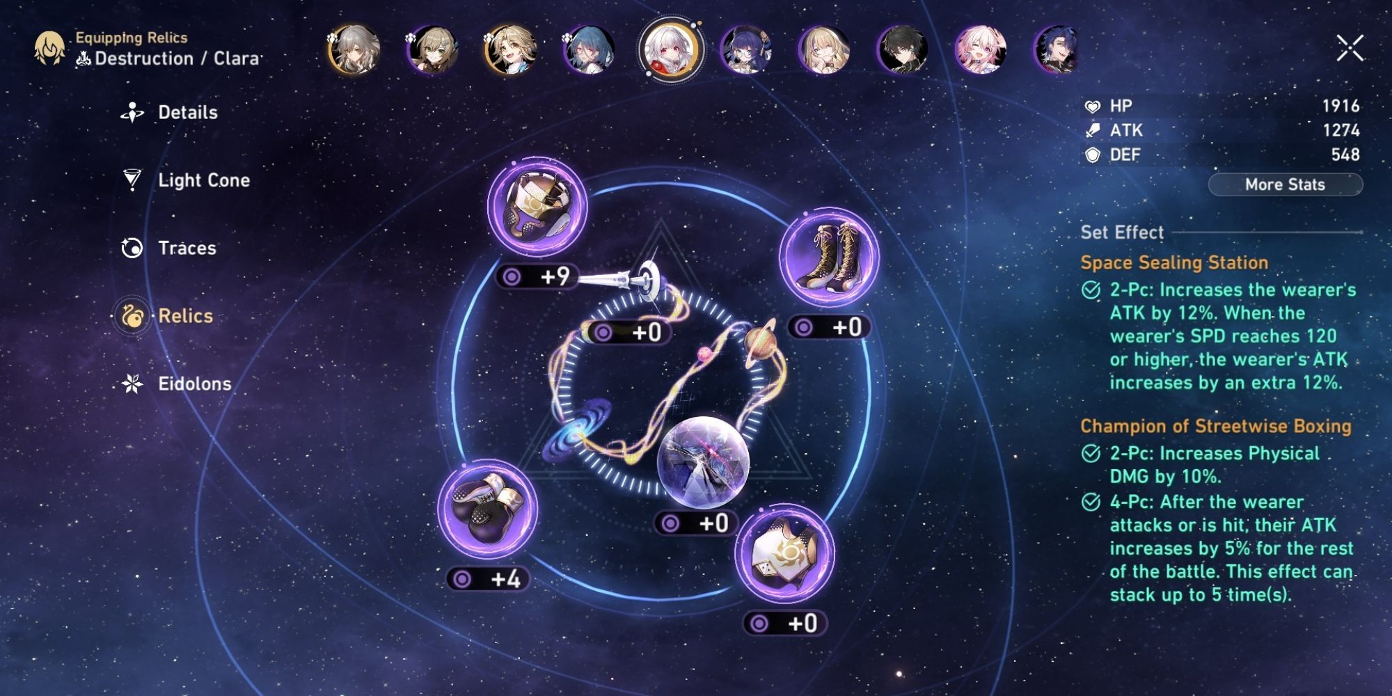 Honkai: Star Rail - Clara's character screen showing her relics and decorations