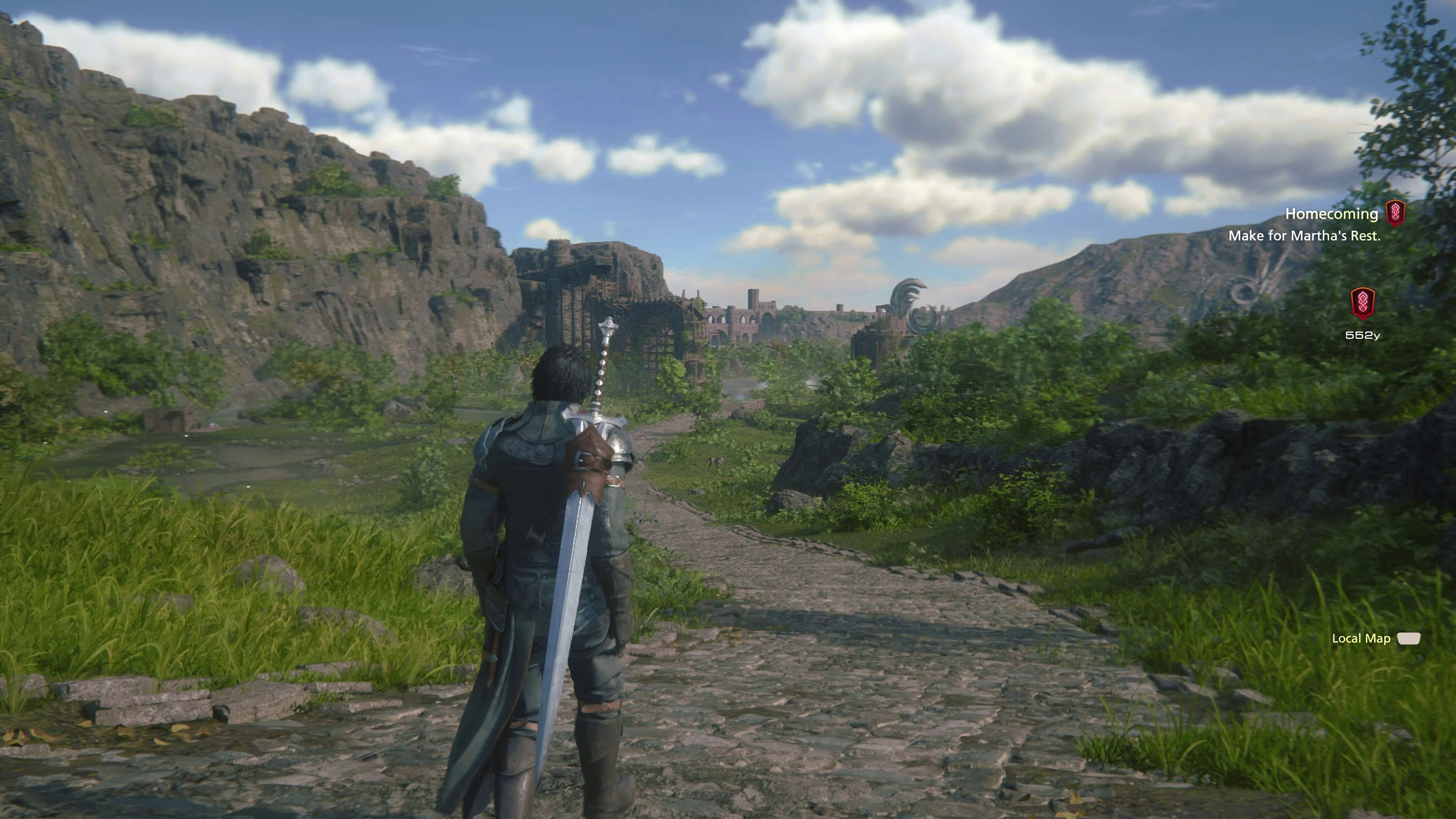Clive walking in the Three Reeds area of Final Fantasy 16.