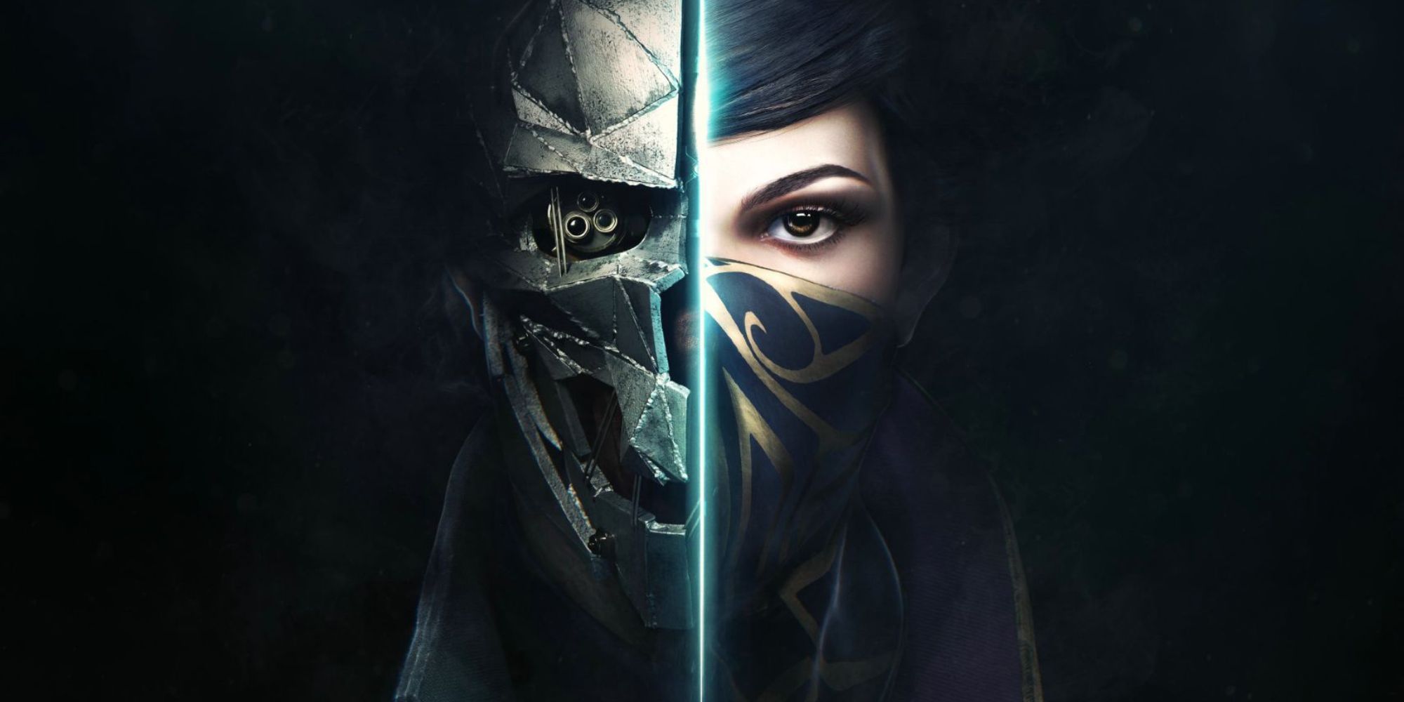 Close up of Corvo and Emily's heads merged together in Dishonored 2