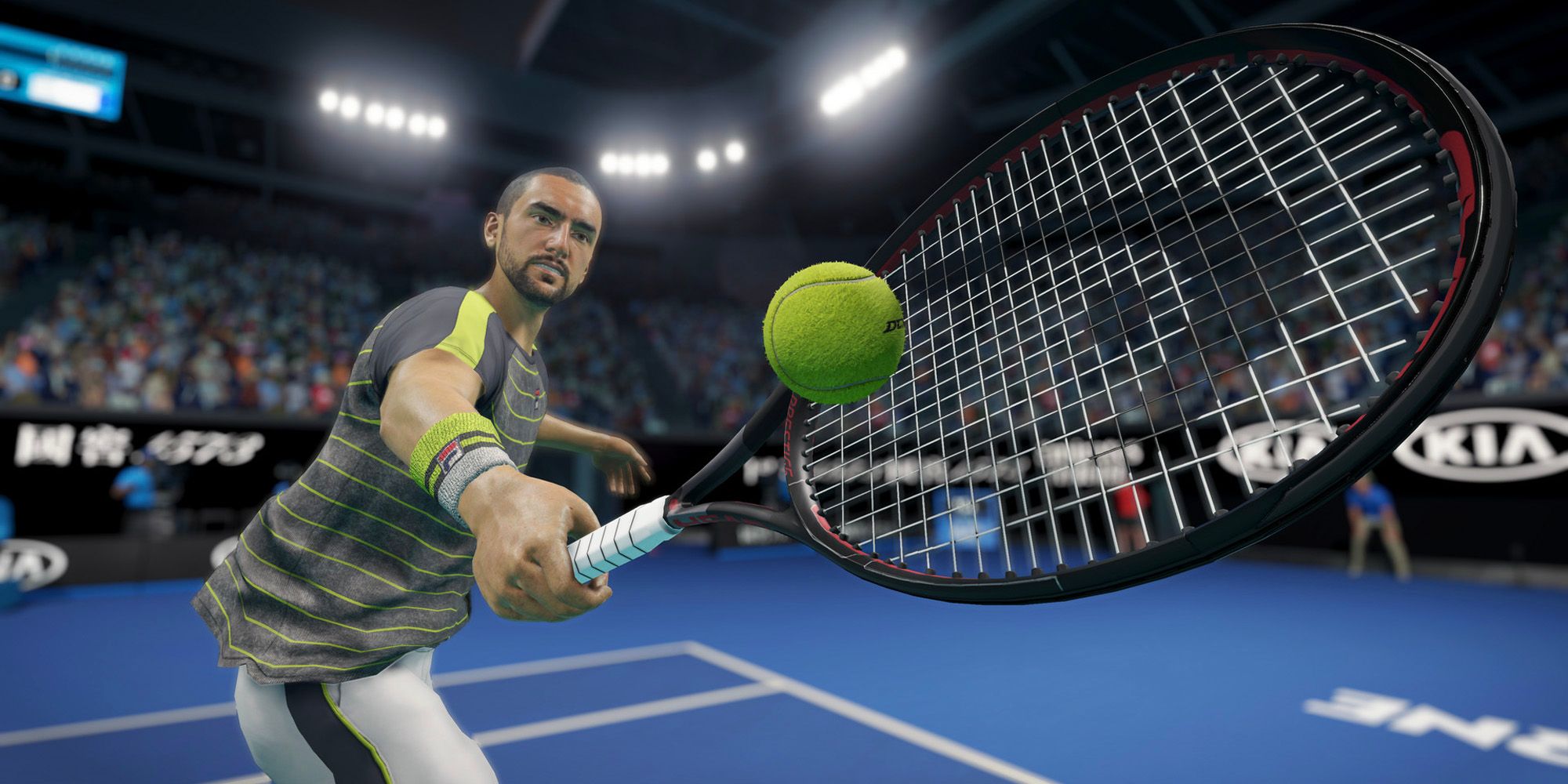 close up shot of a backhand during a game of AO tennis 2 for nintendo switch