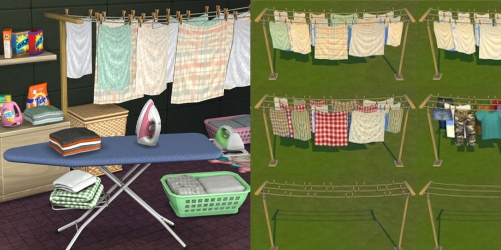 An image of an ironing board, laundry baskets, an iron, and detergent next to an image of laundry hanging outside
