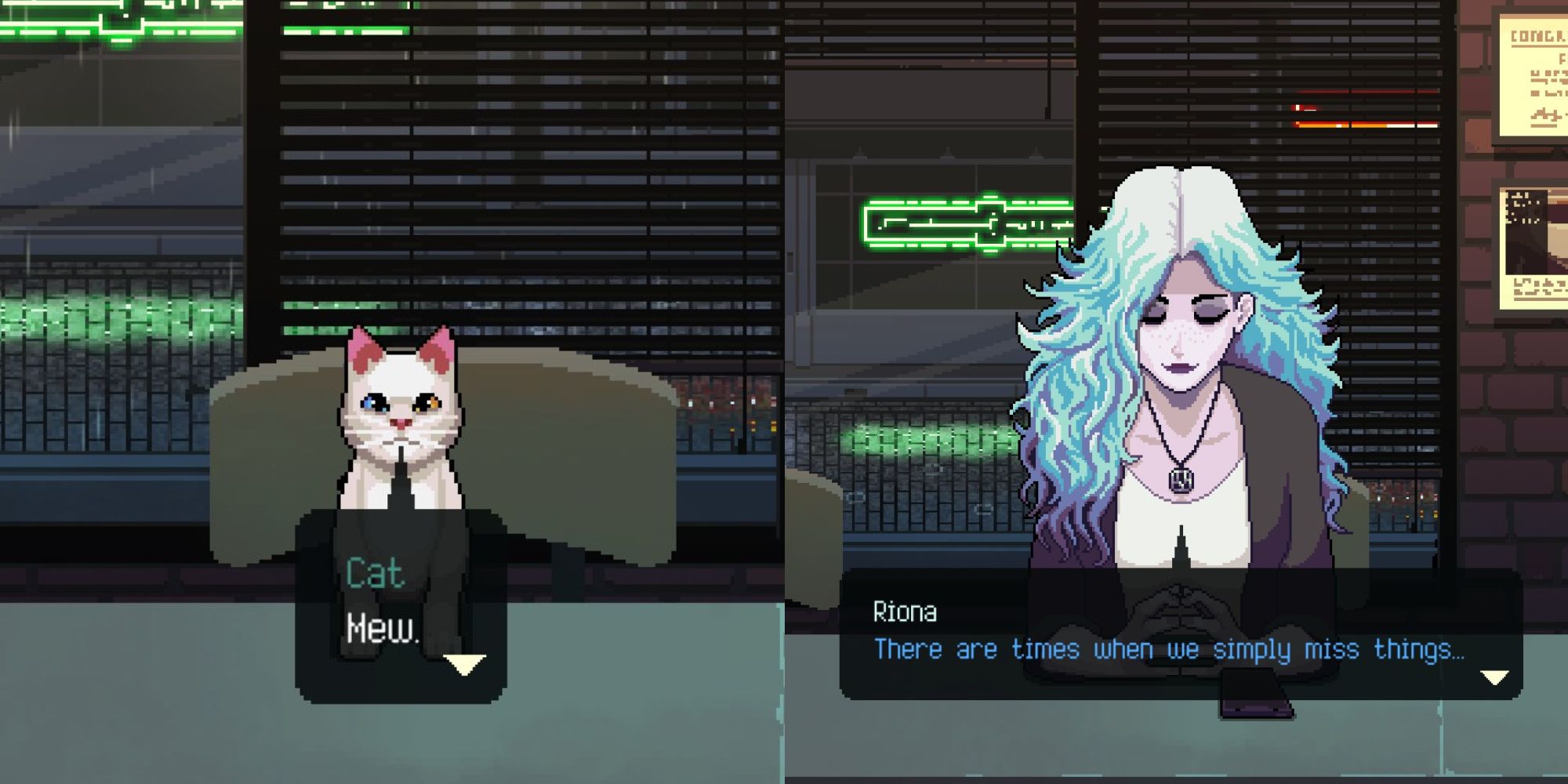 coffee talk 2 white cat meowing and riona in end screen with blue dialogue