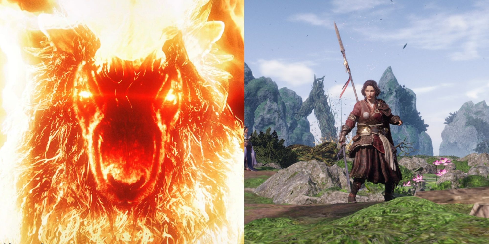 Wo Long: Fallen Dynasty - Divine Beast during a cutscene (left) and our main character in the hidden village (right)