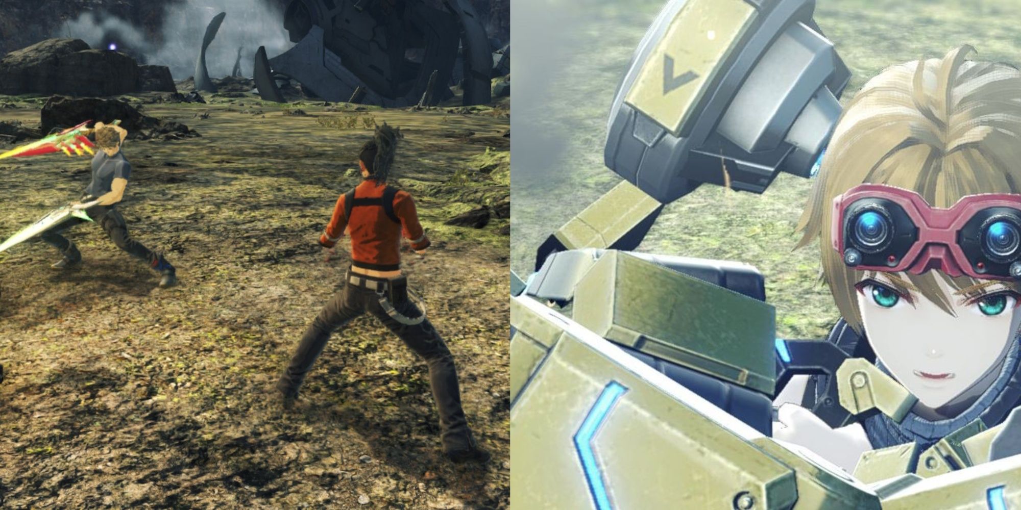 A collage of Matthew training with Rex and Nikol defending someone in Xenoblade Chronicles 3: Future Redeemed.