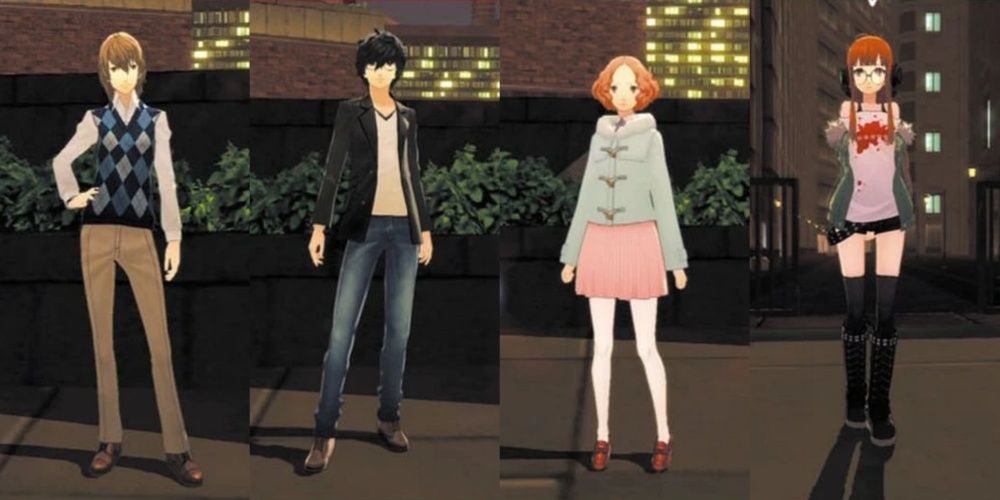 Joker, Akechi, Haru, and Futaba in their winter clothes in the Metaverse