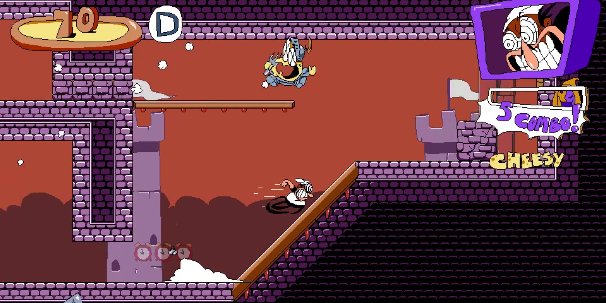 The main protagonist Peppino going up an incline ramp at a fast speed with an enemy launched in the air and "Cheesy" displayed on the screen.