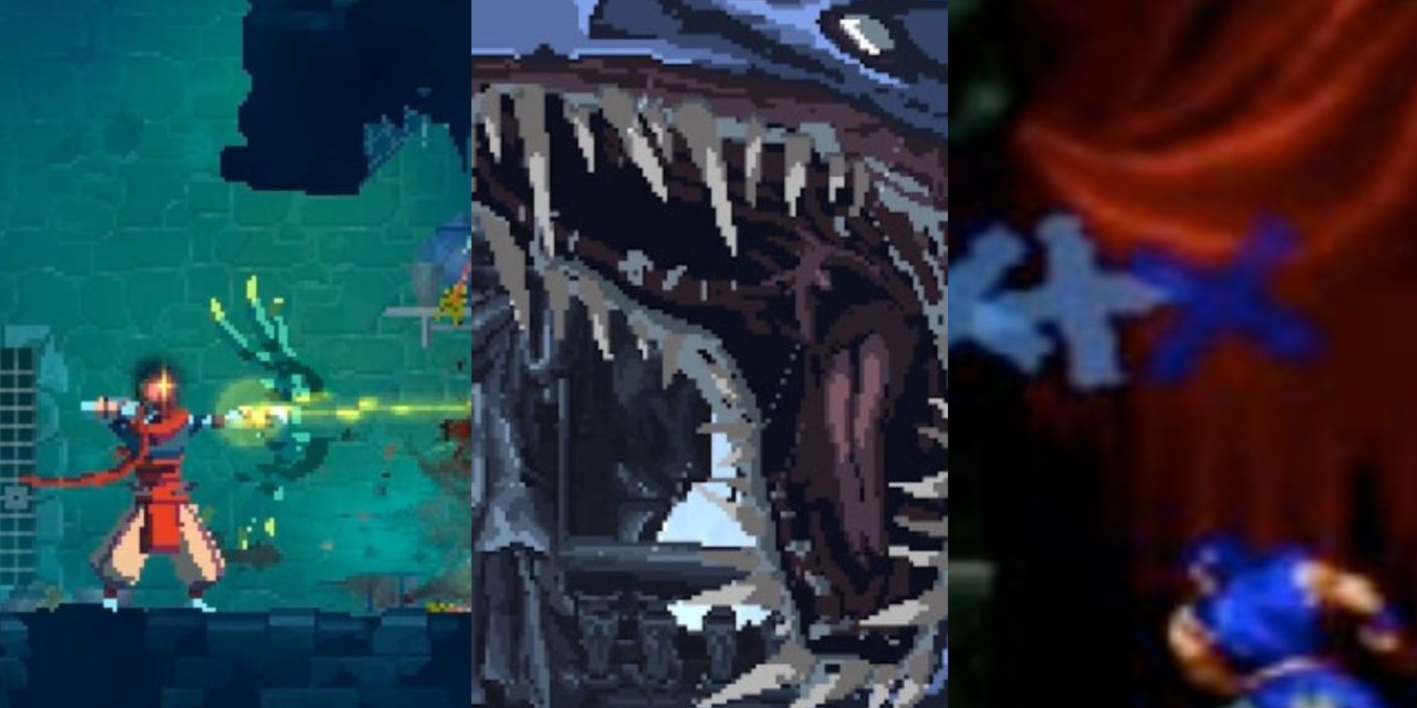 collage of the last faith hydra, dead cells protagonist, and castlevania belmont