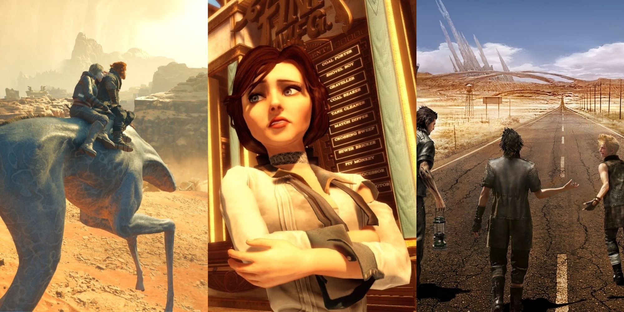 A collage of Merrin and Cal riding a mount on Jedha, Elizabeth from BioShock: Infinite with her arms crossed, and Noctis and his buddies joyously walking down a stretch of road.