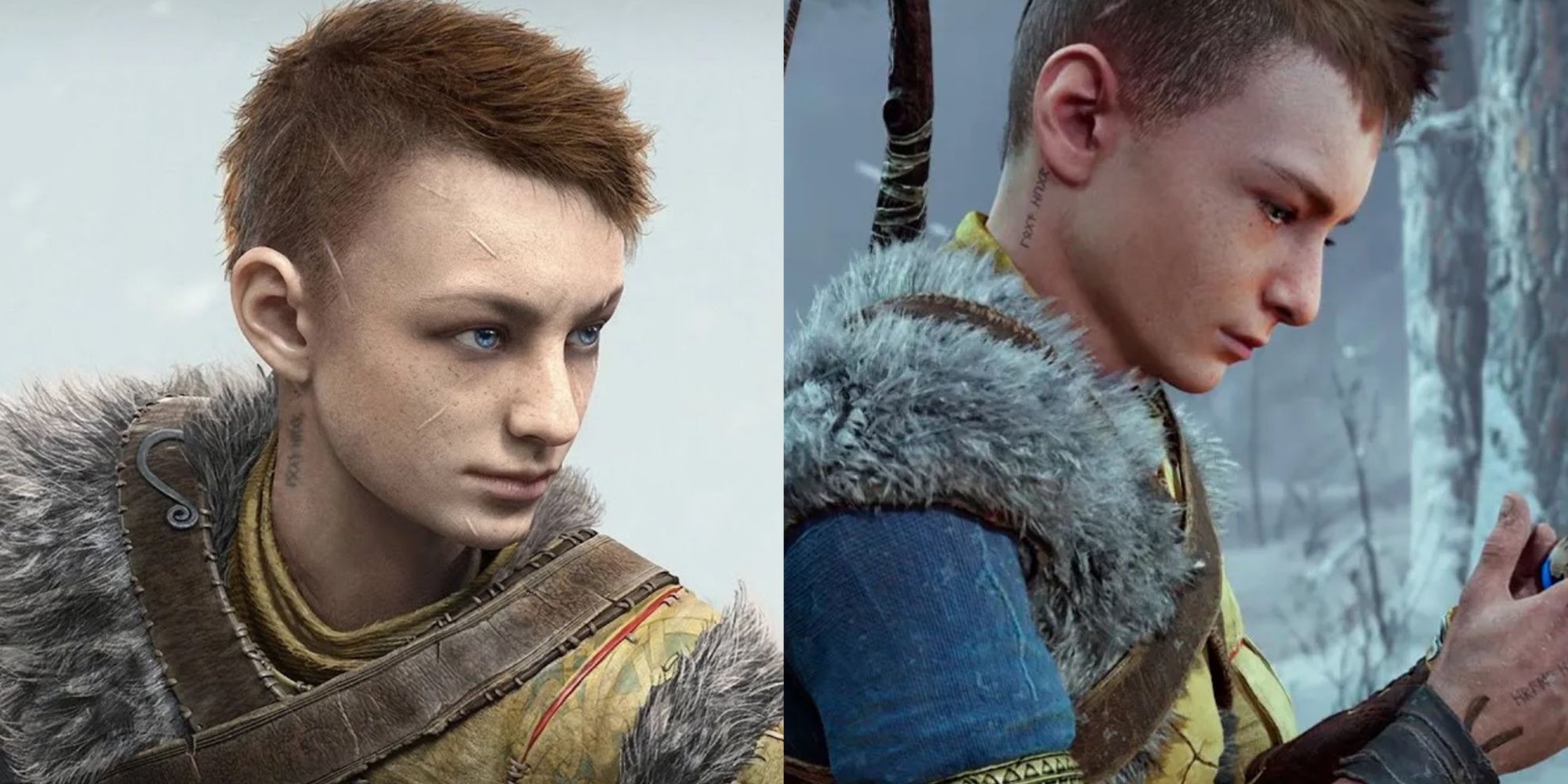 A collage showing two close shots of Atreus in GoW Ragnarok.
