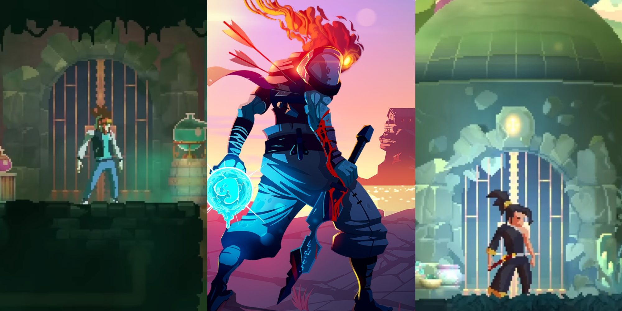 Split image showing different outfits in Dead Cells.