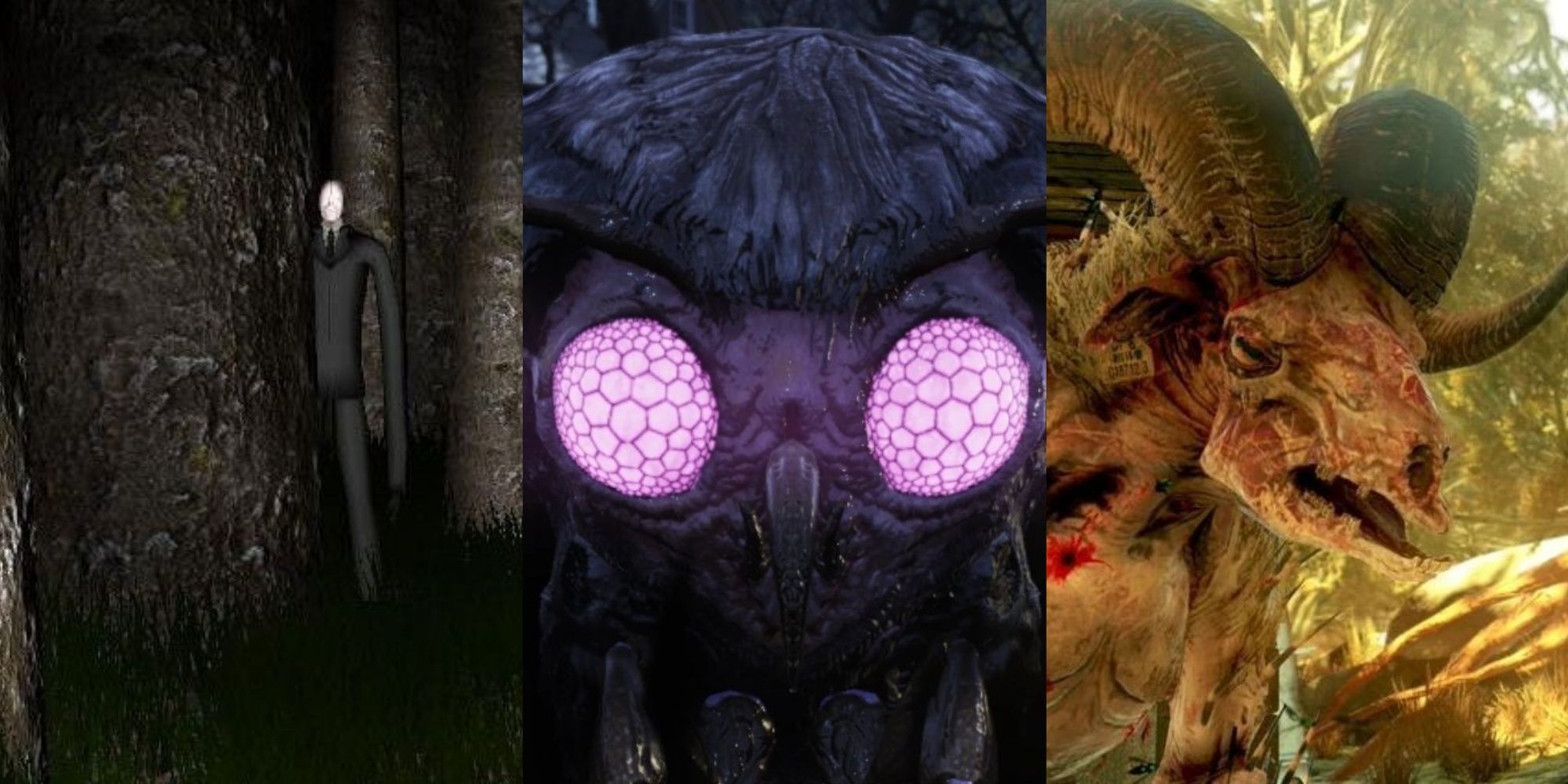 Slenderman hiding behind a tree from The Slederman, Mothman and Sheepsquach from Fallout 76