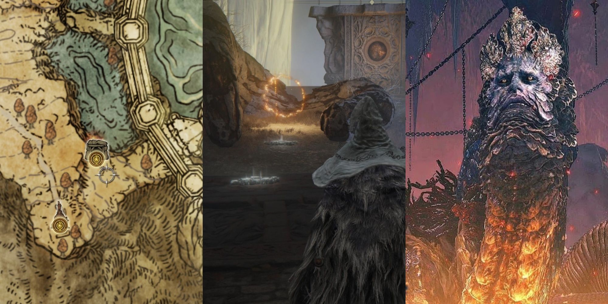 Collage Image where the map of the Lands Between display the Sealed Tunnel, the Tarnished approaches Rykard's Great Rune's activation point, and Rykard, towers over the Tarnished in Elden Ring.