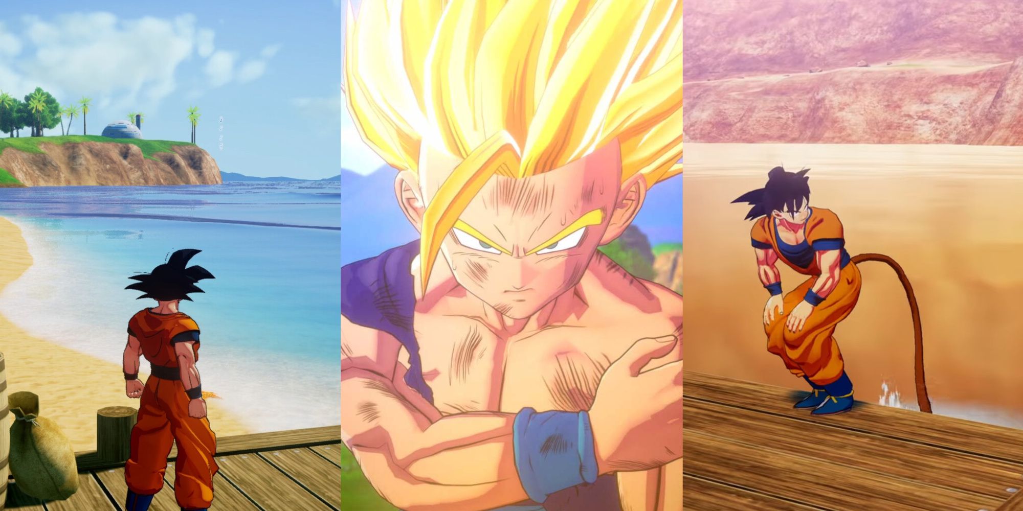 A collage showing Goku looking at the horizon on a beach, Teen Gohan looking at the camera pretty hurt, and Goku using his tail on a lake.