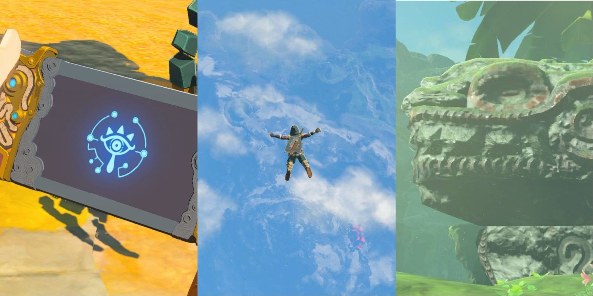 Zonai dragon head from Breath of the wild, Link jumping from a sky island, and the purah pad, split image