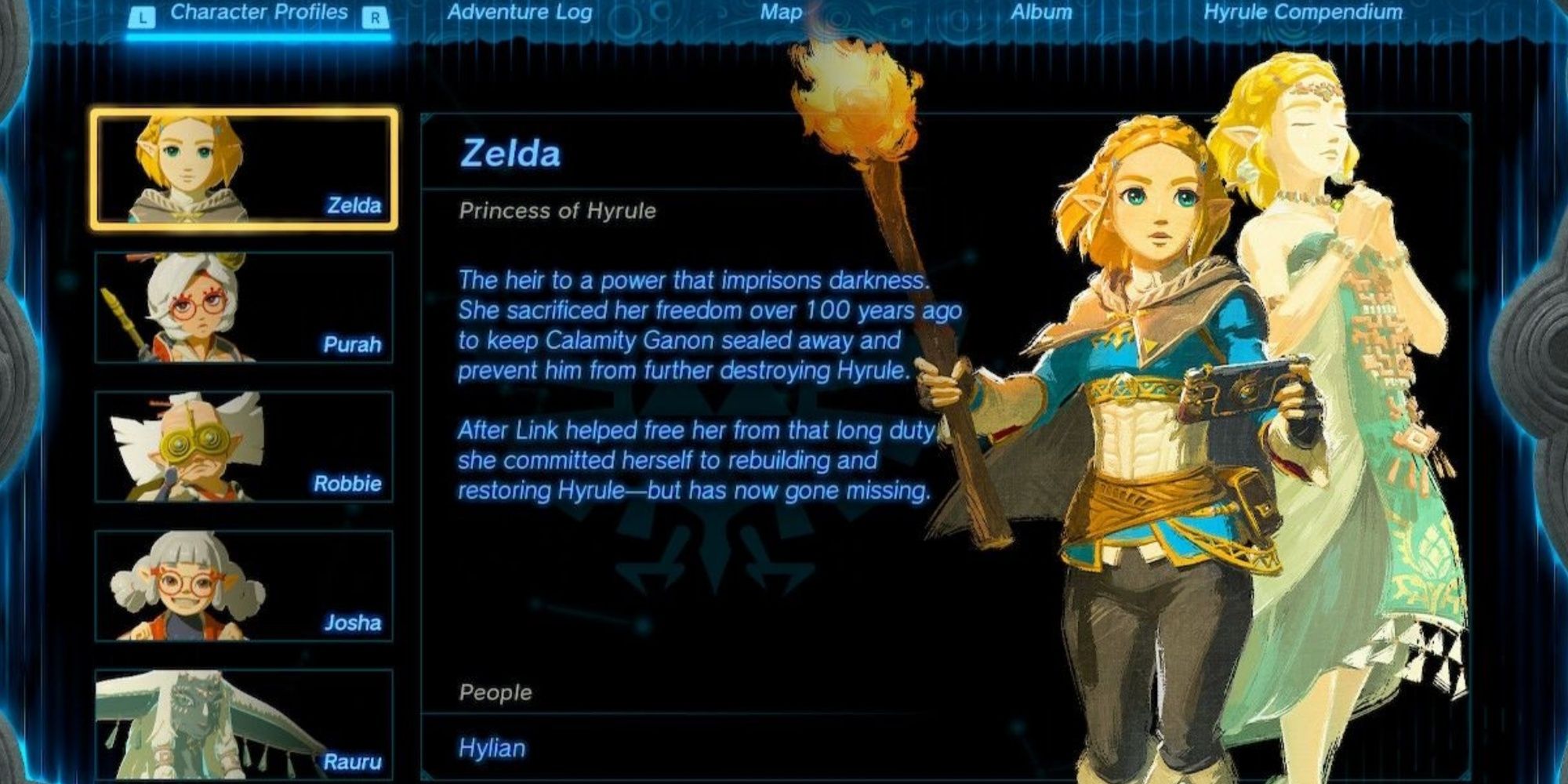 Zelda Description in the Character Profile menu in The Legend Of Zelda: Tears Of The Kingdom.