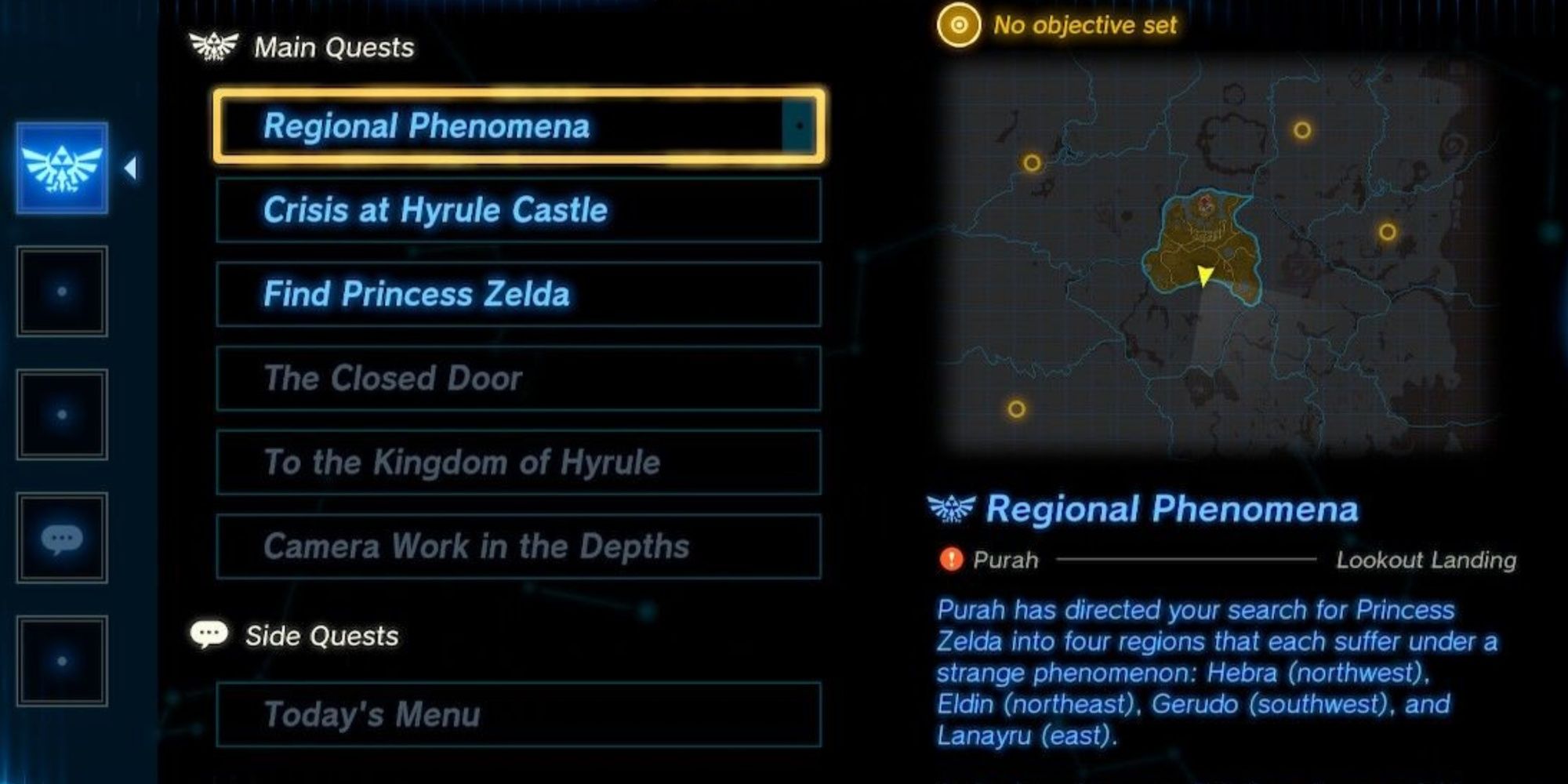 Main quests in the Adventure Log of the Purah Pad in The Legend Of Zelda: Tears Of The Kingdom.