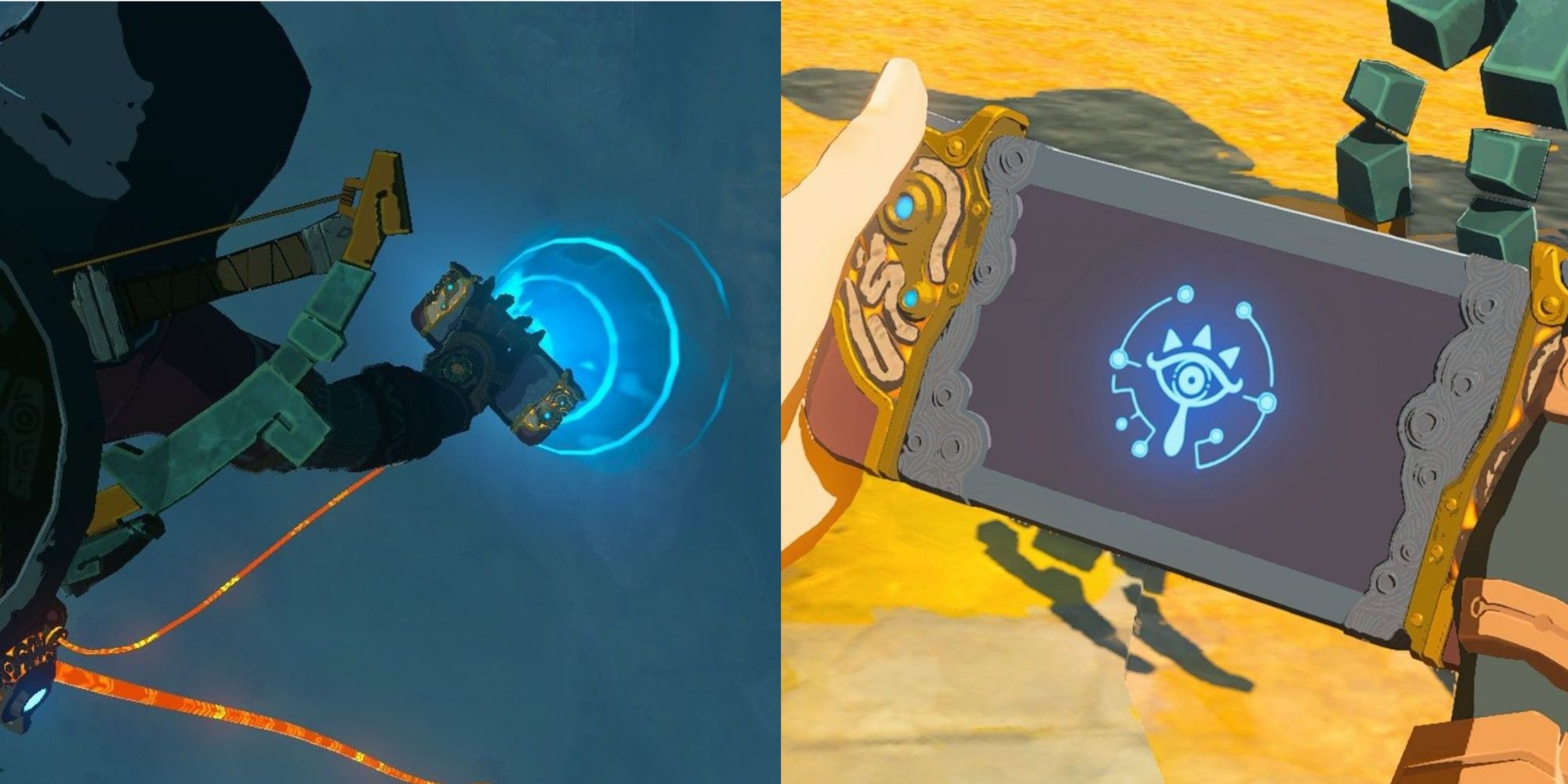 Collage image of Link using the purah pad and a close up on the device, in The Legend Of Zelda: Tears Of The Kingdom.