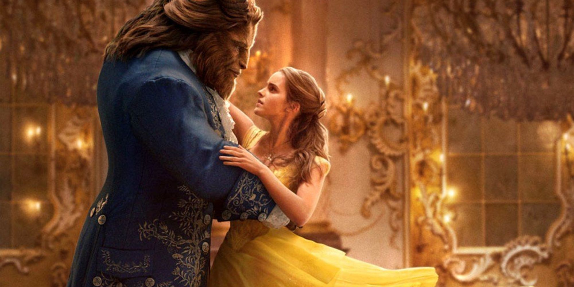 Belle (played by Emma Watson) with the Beast dancing in her iconic yellow dress.
