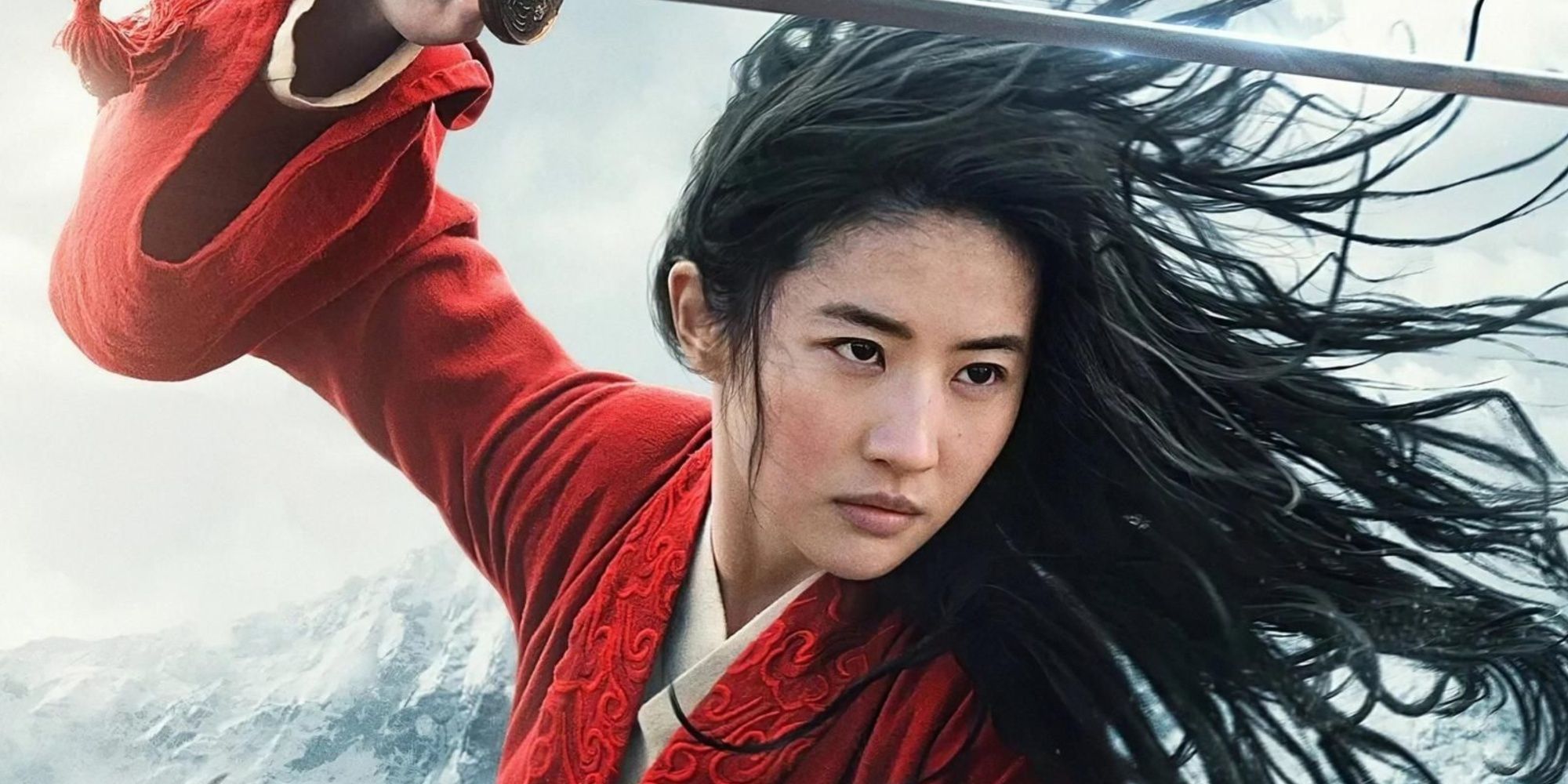 Mulan, who appears on the cover of the movie, is wearing a red robe, holding a blade, and her hair is blowing in the wind.