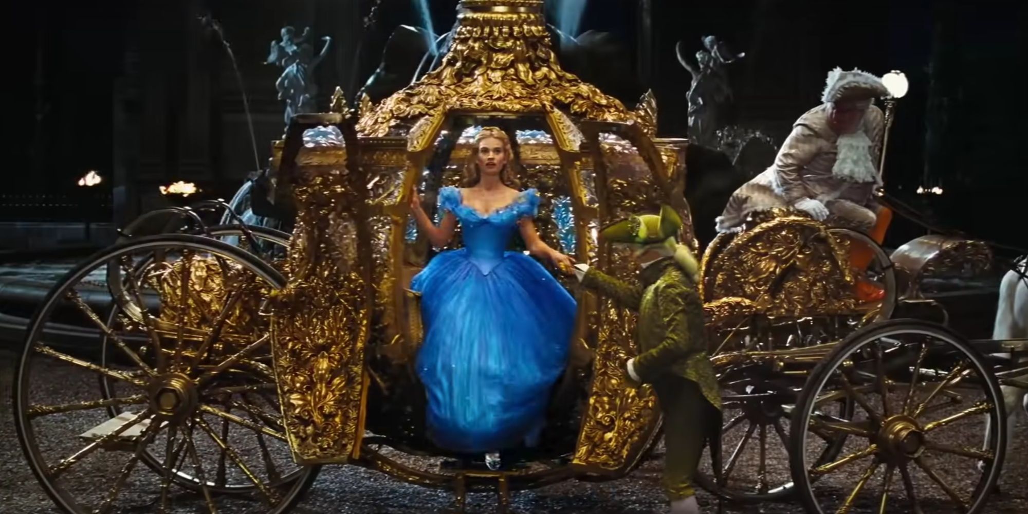 In the 2015 live-action film, Lily James played Cinderella, who was rescued from the golden carriage and headed to the ball.