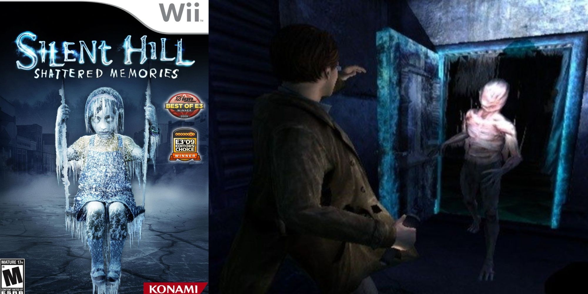 A split-image of the Wii artwork for Silent Hill: Shattered Memories and Harry Mason encountering a scary enemy walking through a door.