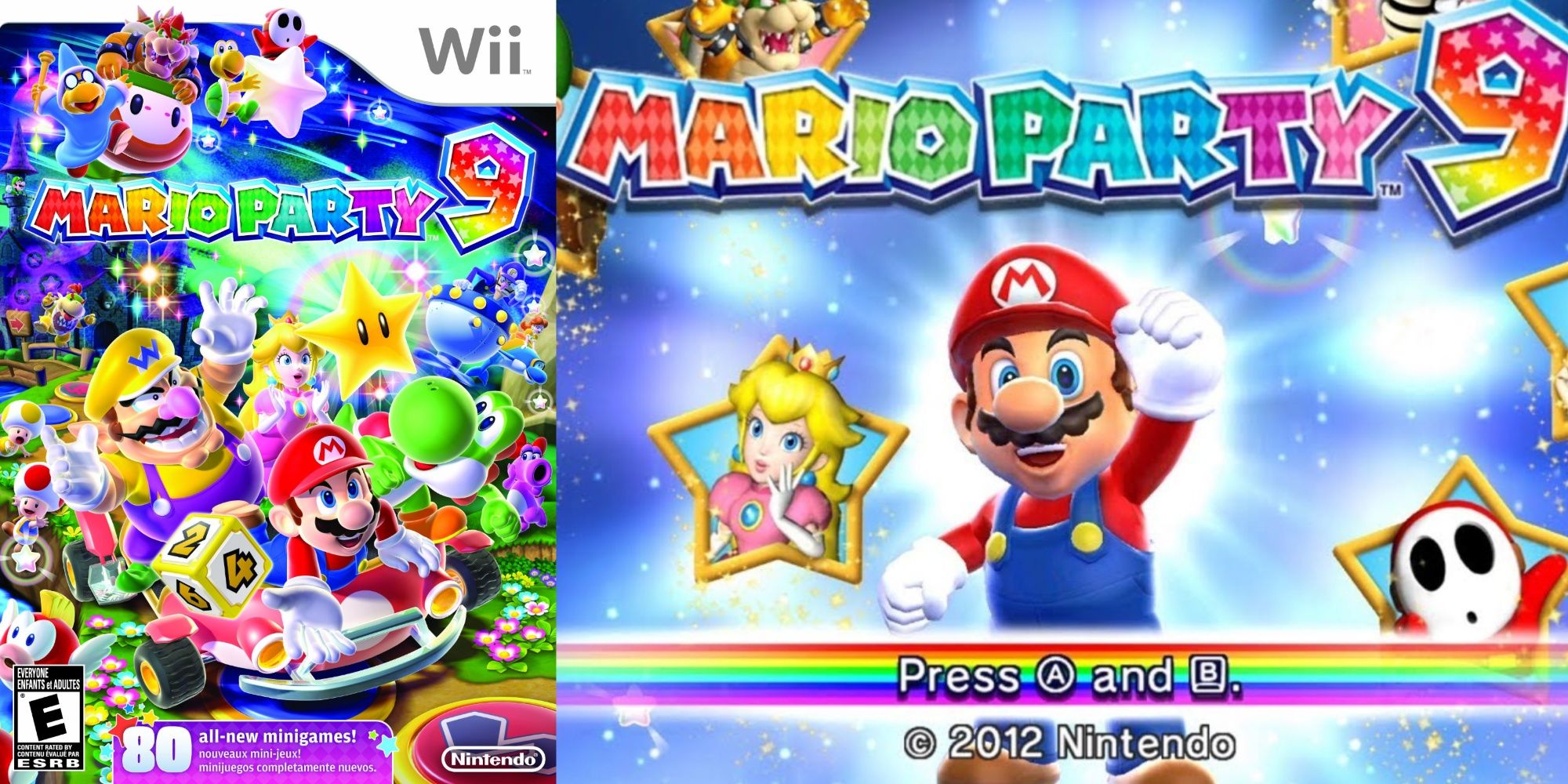 A split-image collage of the Wii cover for Mario Party 9 and the main title menu with Mario raising a fist.