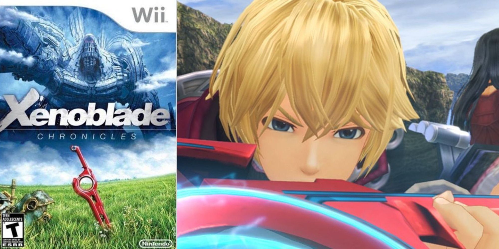 A split image of the cover artwork for Xenoblade Chronicles on Wii and a close-up of the main protagonist from the game.