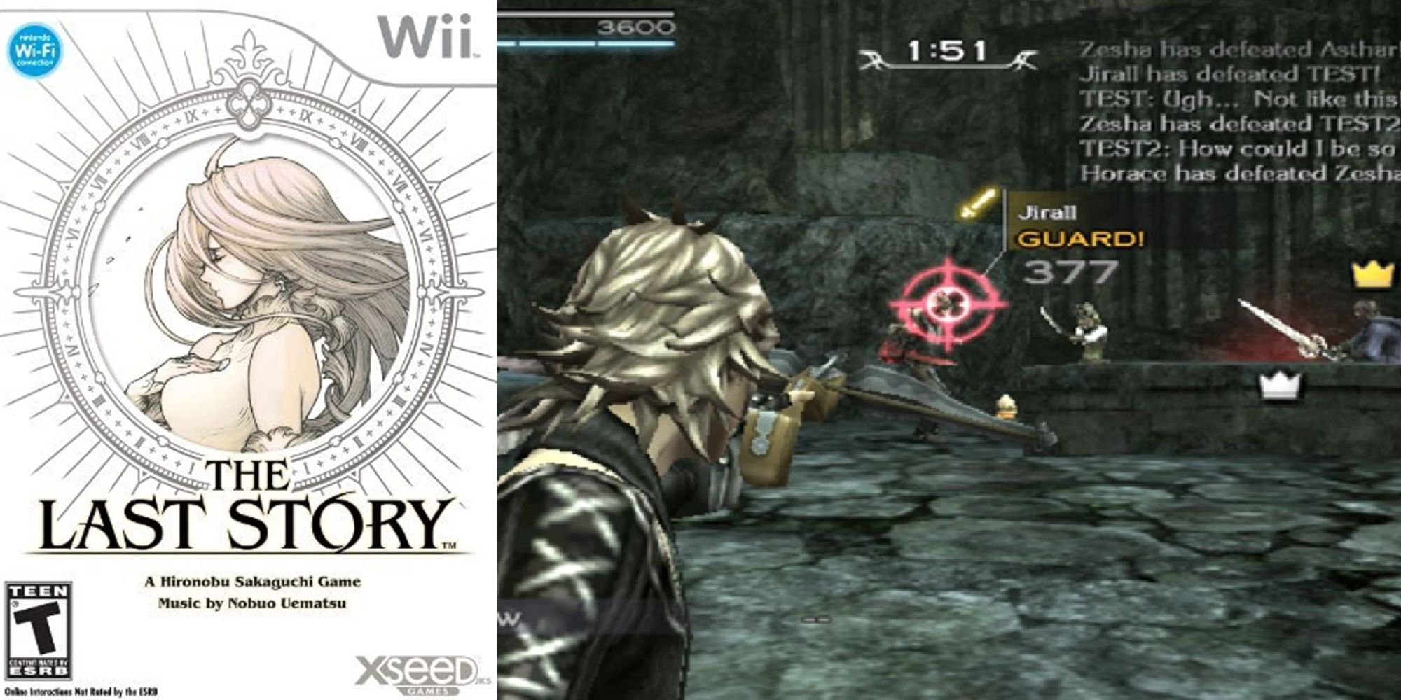 A split-image of the Wii artwork for The Last Story and the main protagonist firing a crossbow at enemies in gameplay.