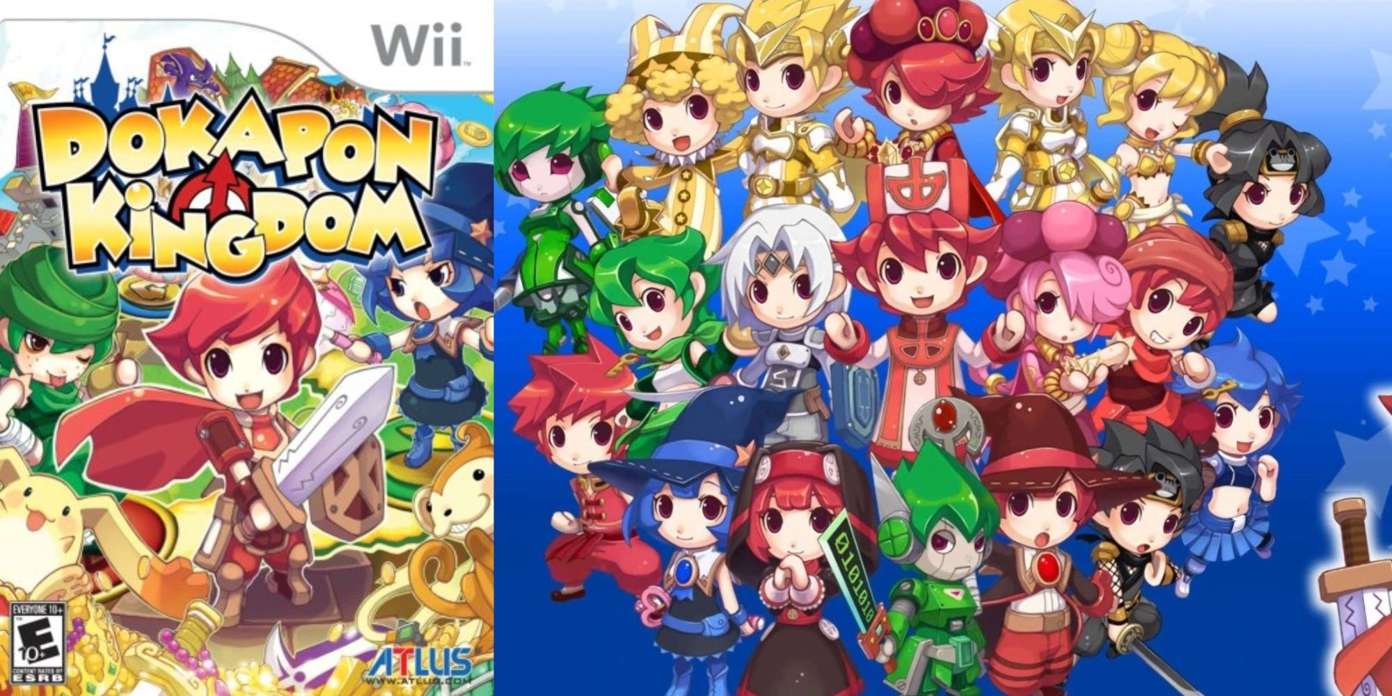 A split-image of the cover artwork for the Wii version of Dokapon Kingdom and a wallpaper image of all the main characters amid a blue background.