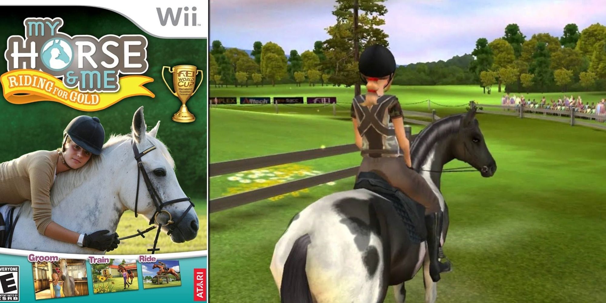 A split-image collage of the cover of the My Horse and Me: Riding For Gold Wii game, and your equestrian character riding a horse in-game.